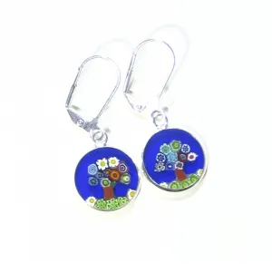 Murano Glass Colorful Tree of Life Blue Disc Sterling Silver Earrings