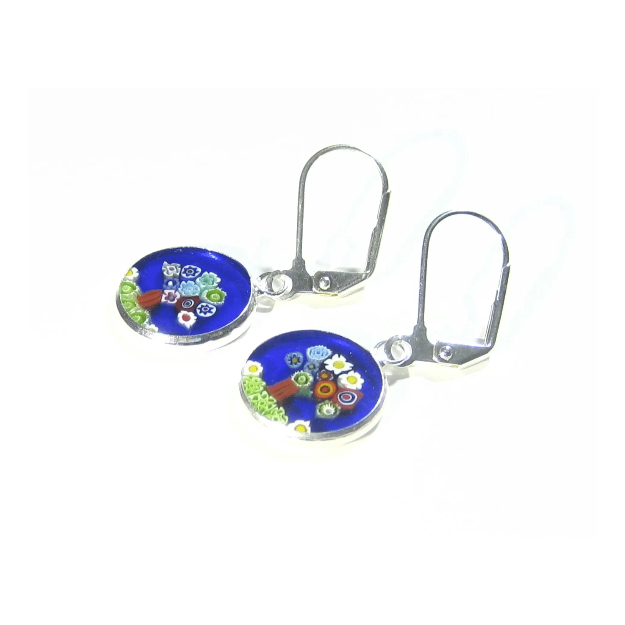Murano Glass Colorful Tree of Life Blue Disc Sterling Silver Earrings