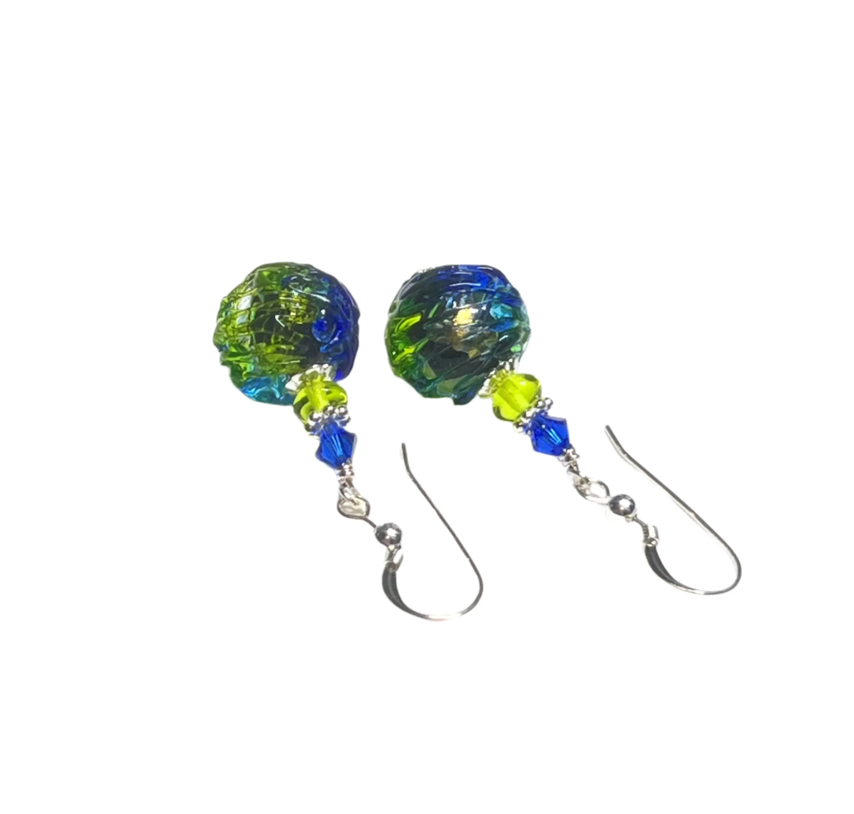 Murano Glass Dark Blue Green Glacier Ball Sterling Silver Earrings