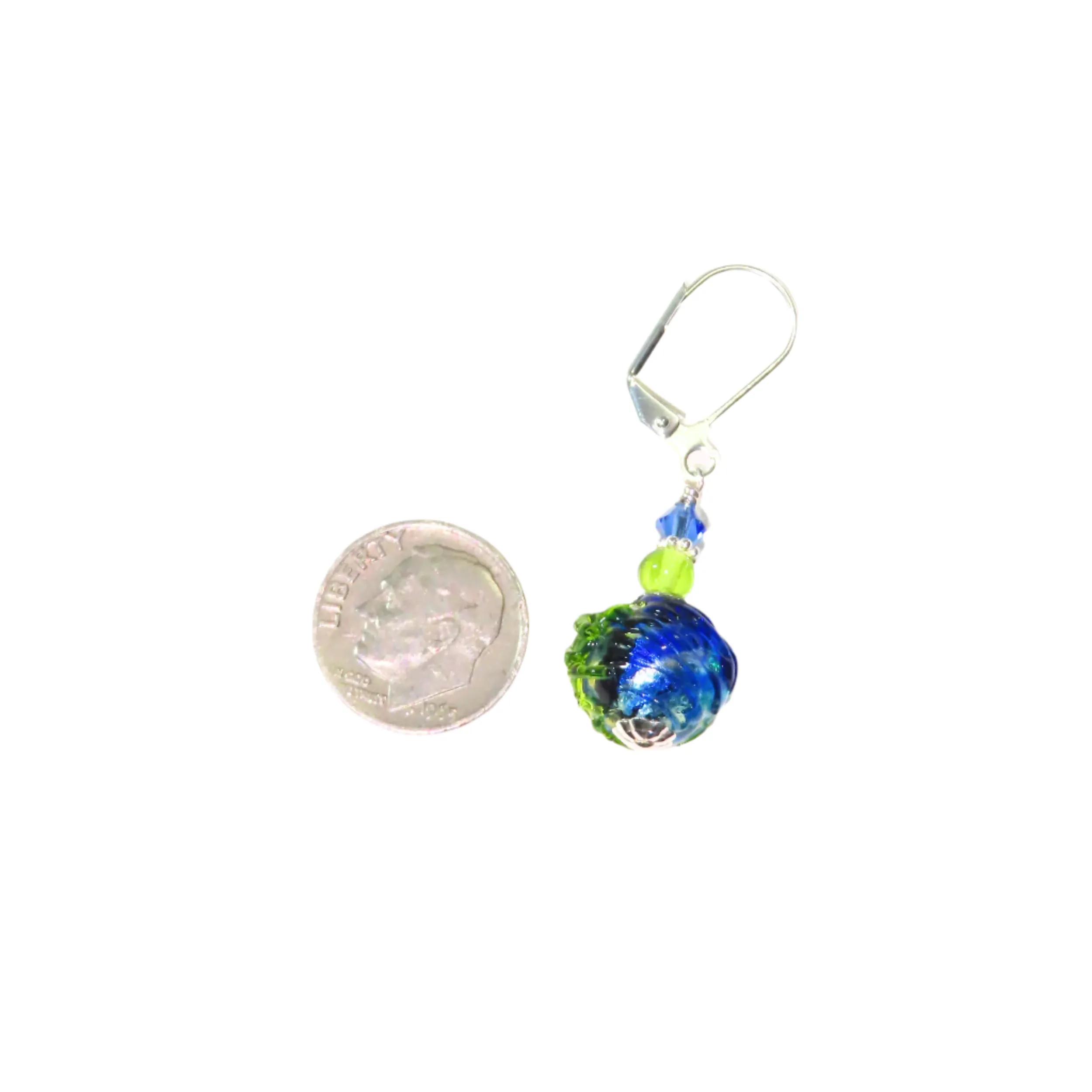 Murano Glass Dark Blue Green Glacier Ball Sterling Silver Earrings