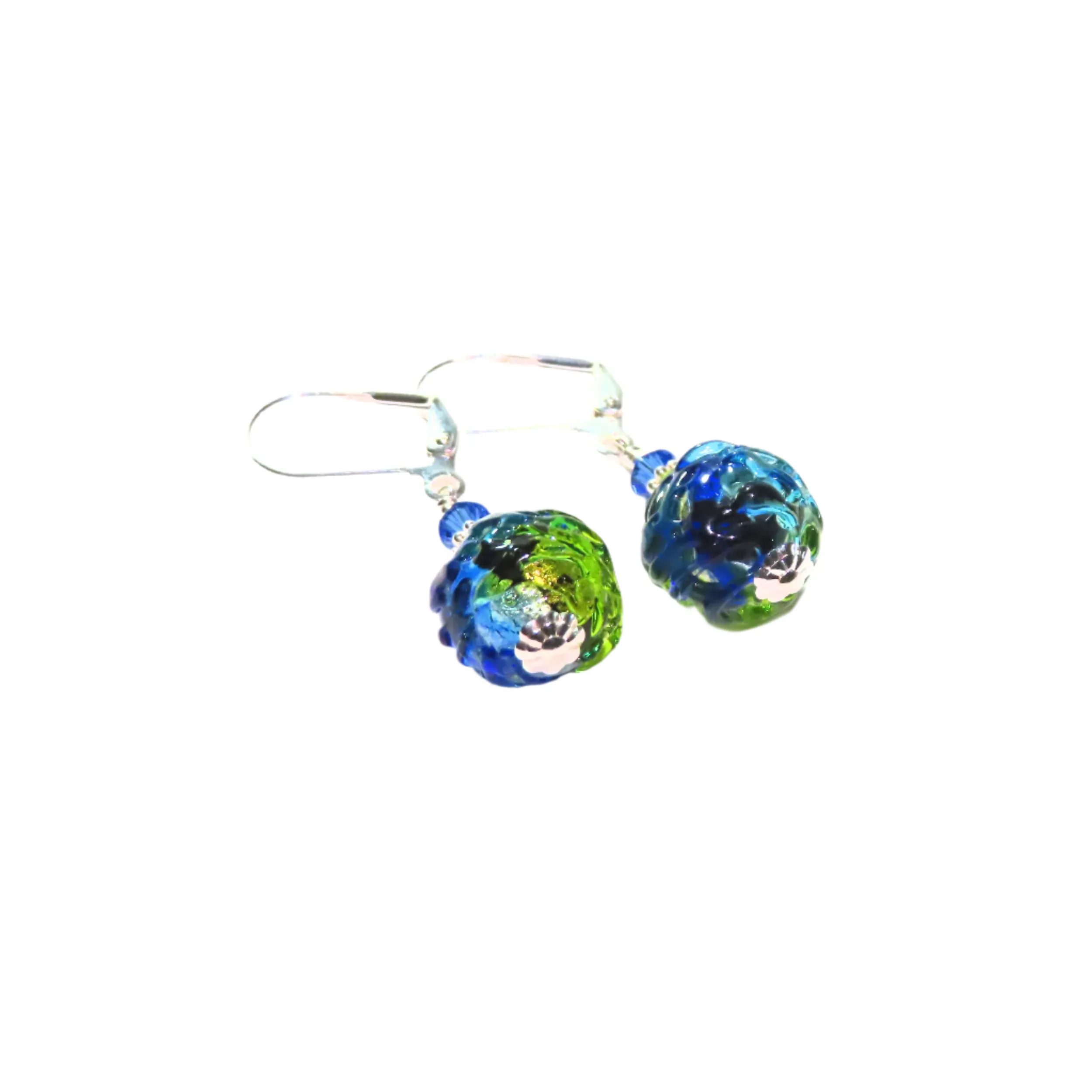 Murano Glass Dark Blue Green Glacier Ball Sterling Silver Earrings