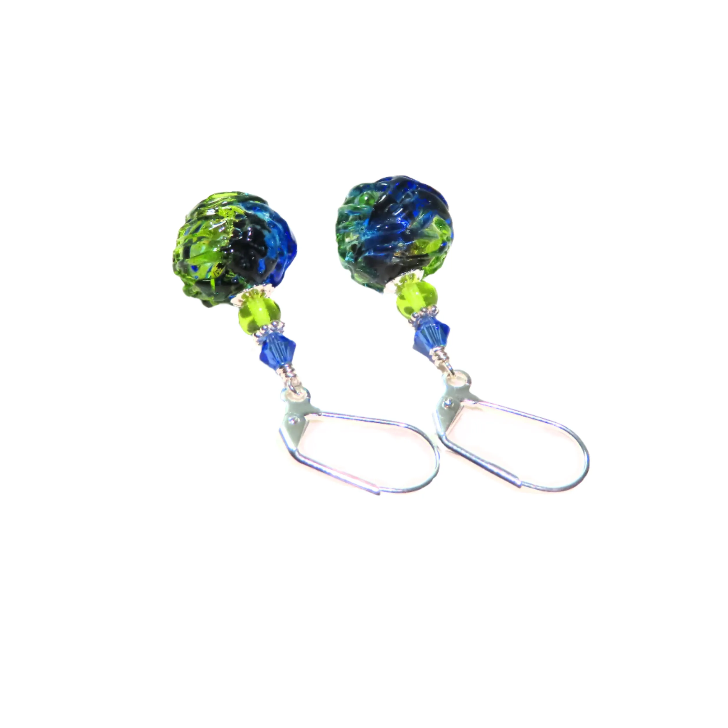 Murano Glass Dark Blue Green Glacier Ball Sterling Silver Earrings