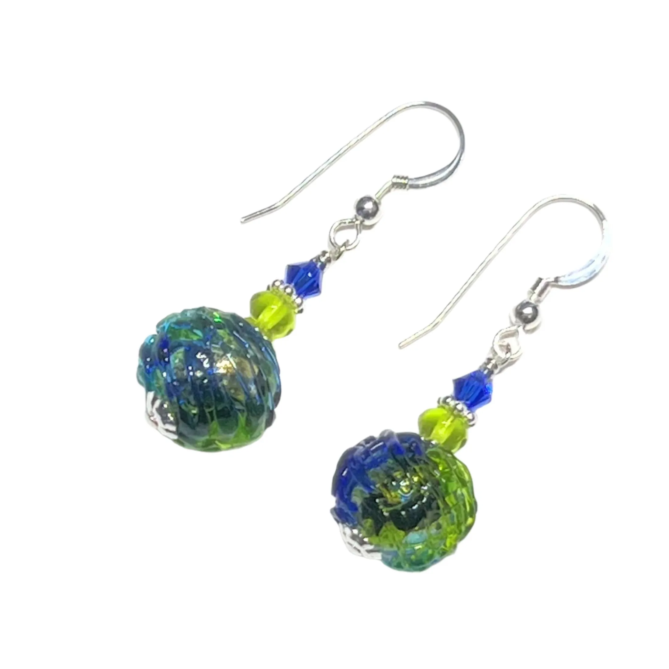 Murano Glass Dark Blue Green Glacier Ball Sterling Silver Earrings