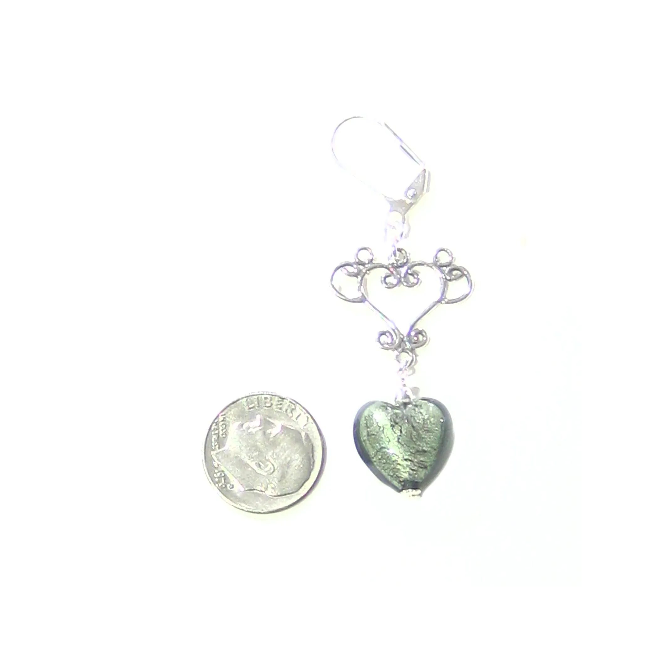 Murano Glass Gray Heart Long Dangle Silver Earrings