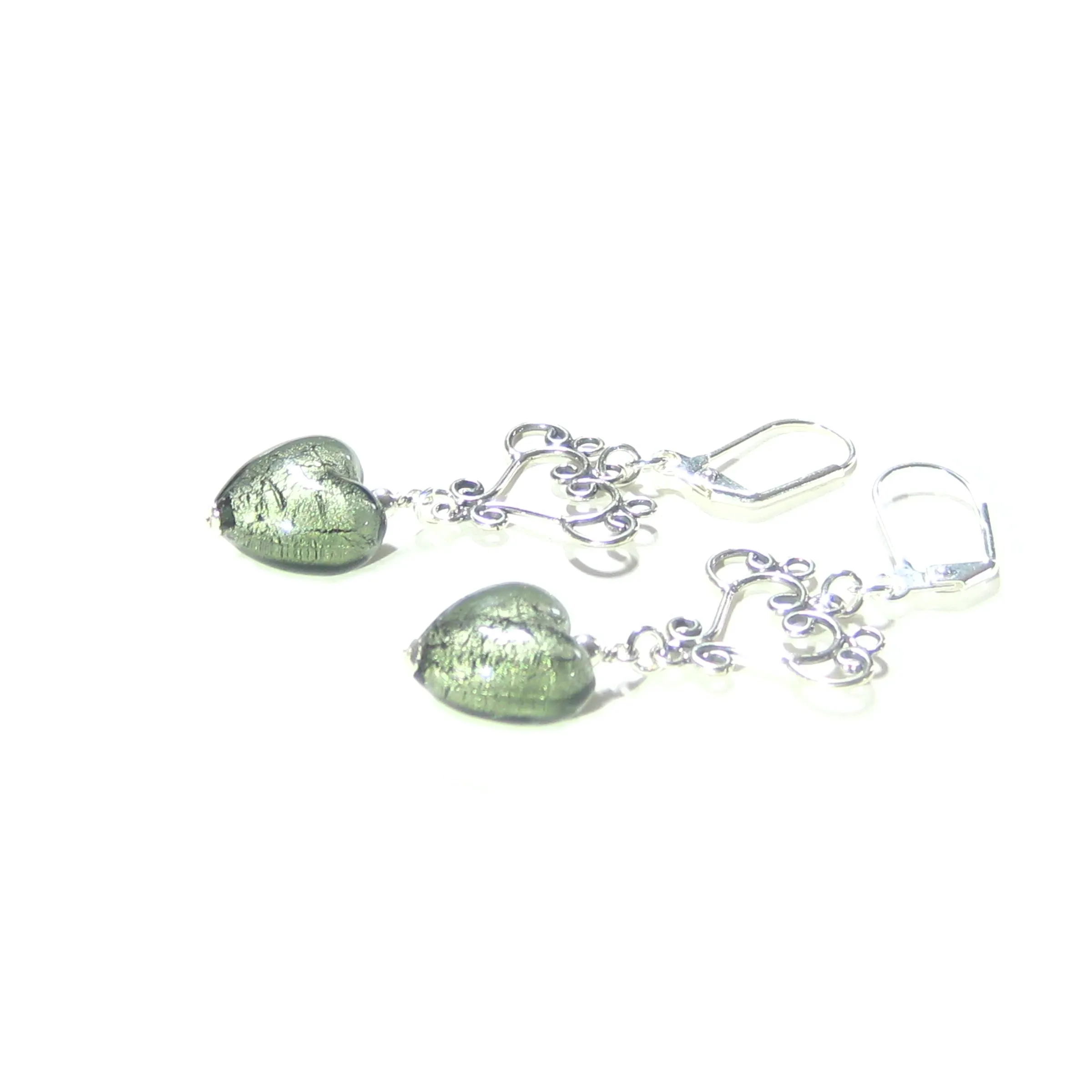 Murano Glass Gray Heart Long Dangle Silver Earrings