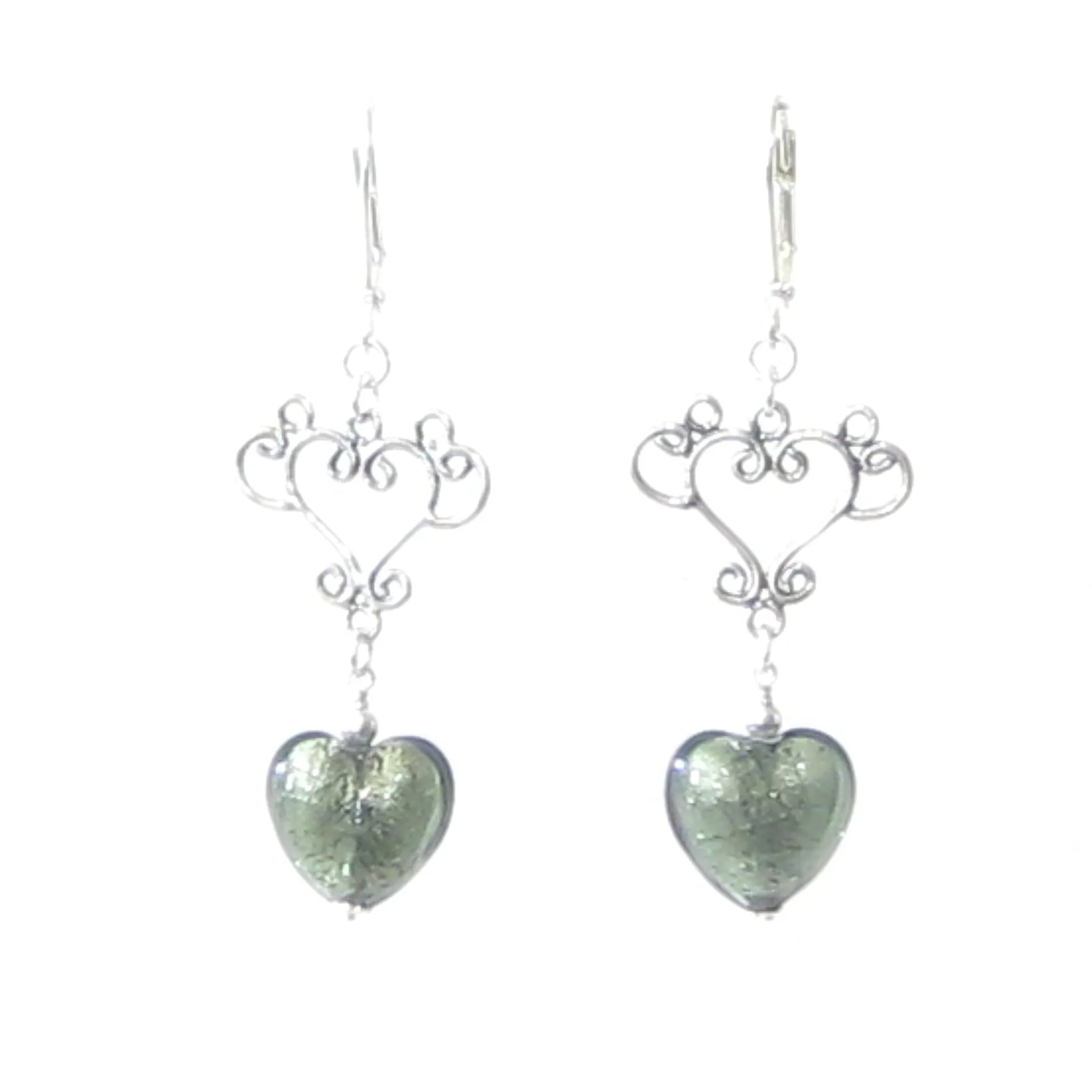 Murano Glass Gray Heart Long Dangle Silver Earrings