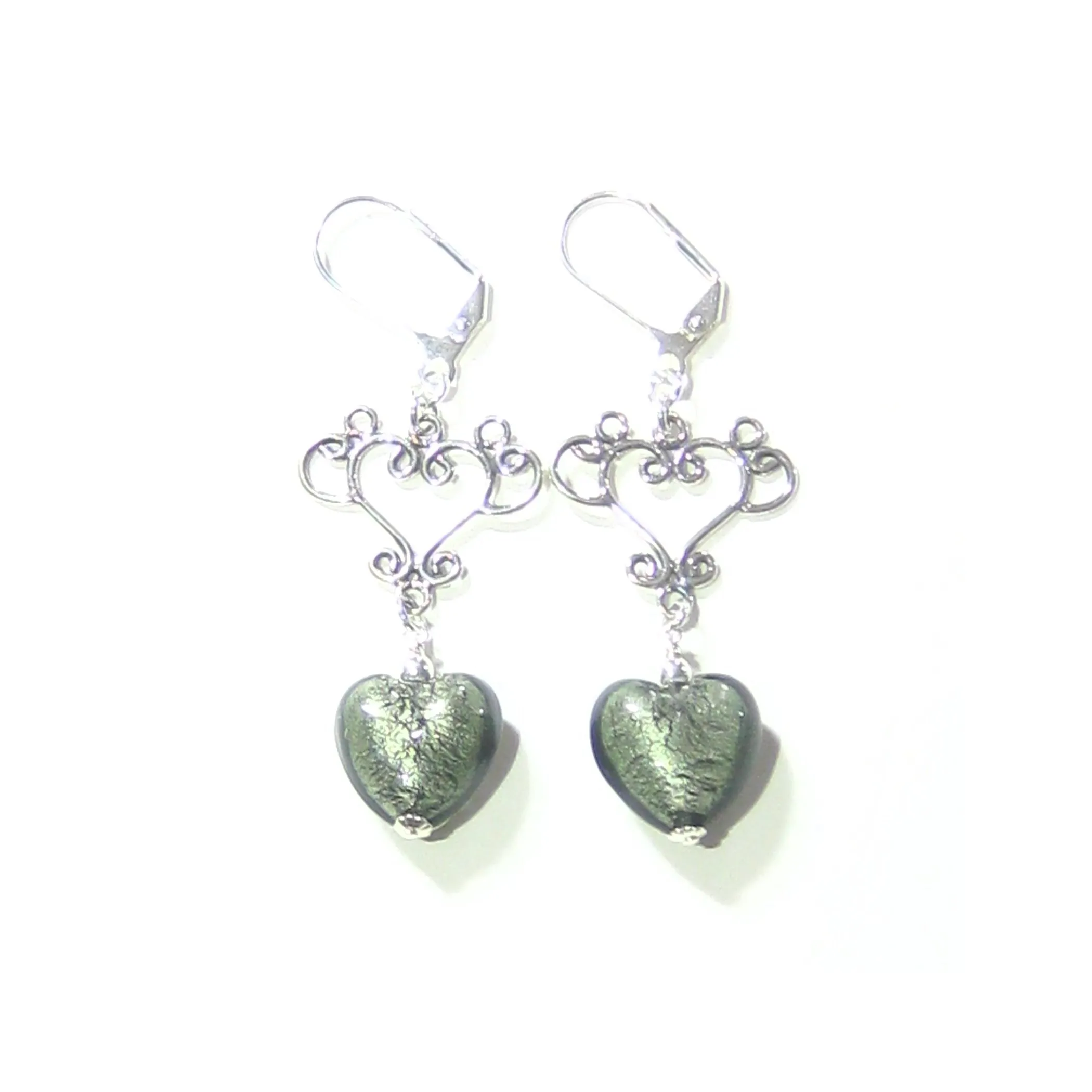 Murano Glass Gray Heart Long Dangle Silver Earrings