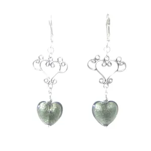 Murano Glass Gray Heart Long Dangle Silver Earrings