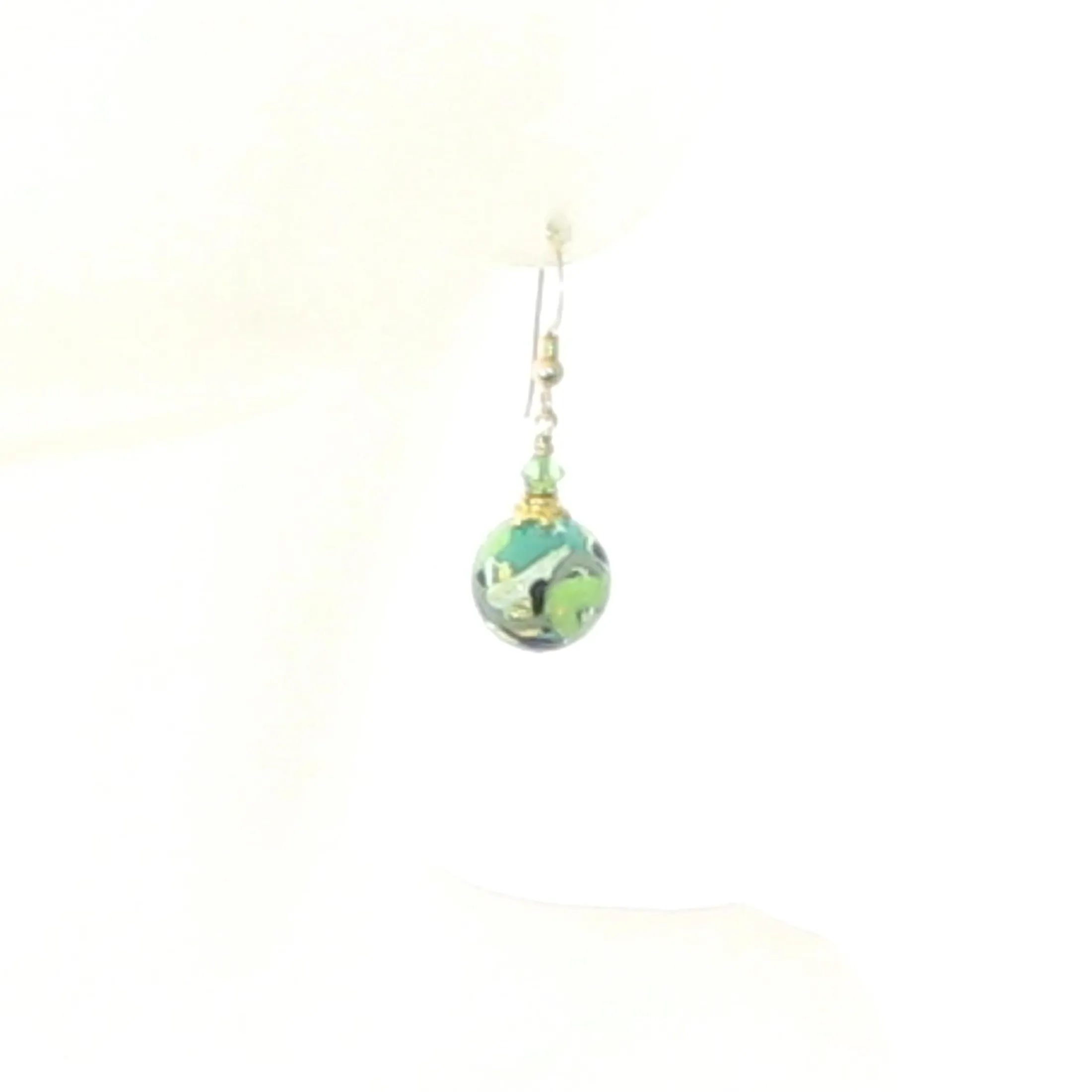 Murano Glass Green Black Gray Abstract Ball Gold Earrings