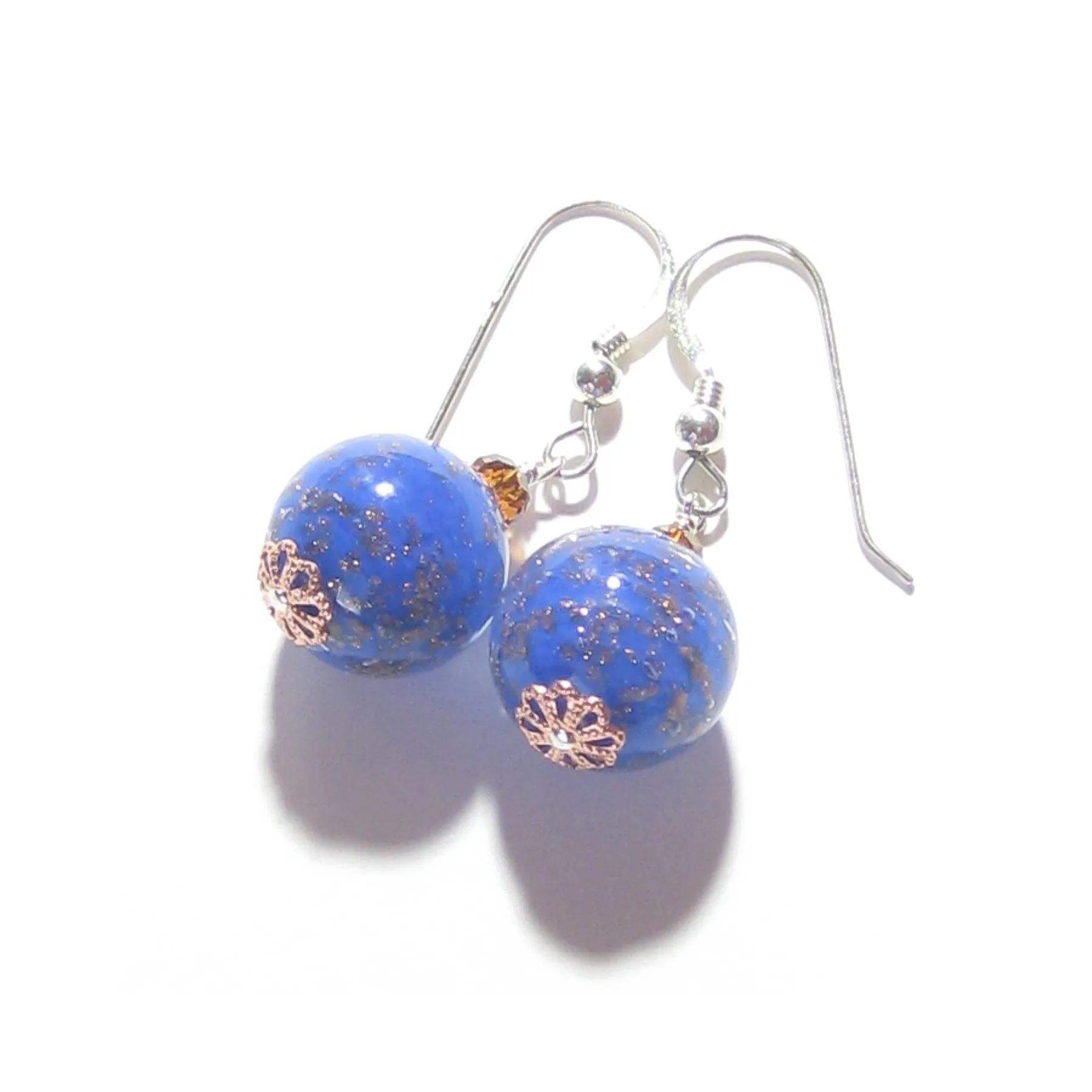 Murano Glass Lapis Blue Copper Ball Silver Earrings, Clip on Earrings