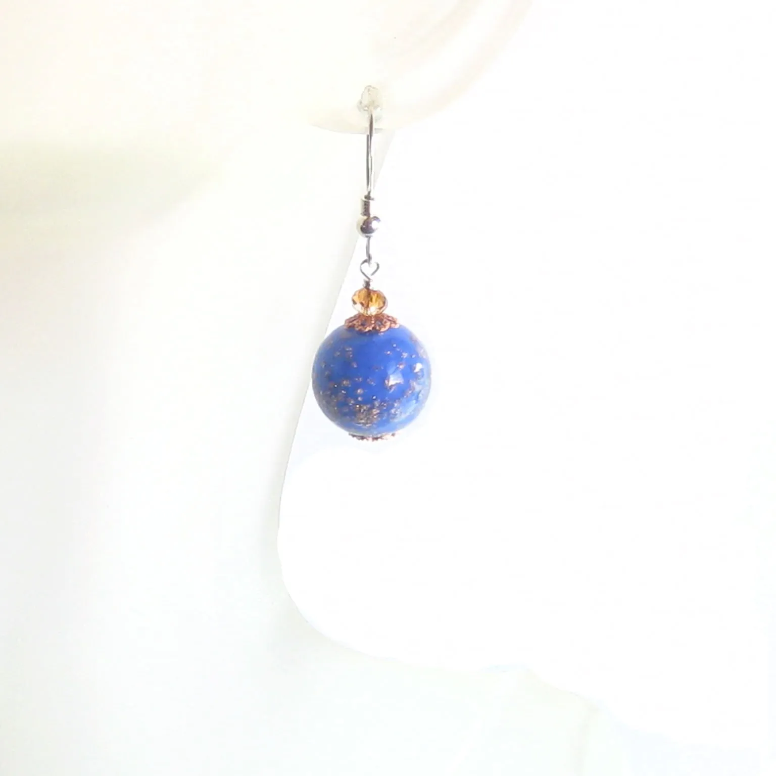 Murano Glass Lapis Blue Copper Ball Silver Earrings, Clip on Earrings