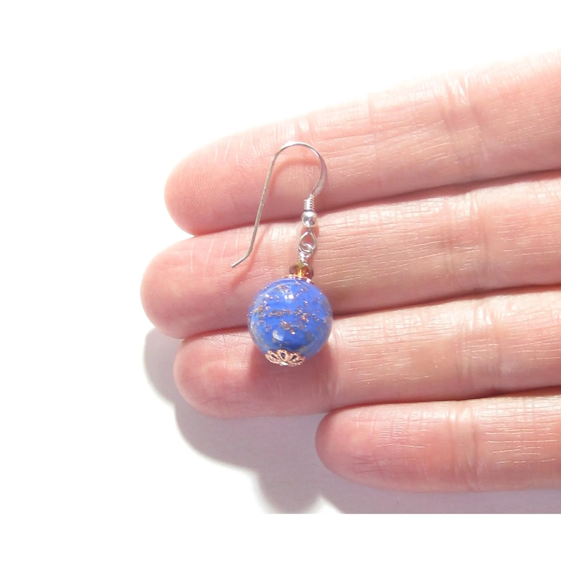 Murano Glass Lapis Blue Copper Ball Silver Earrings, Clip on Earrings