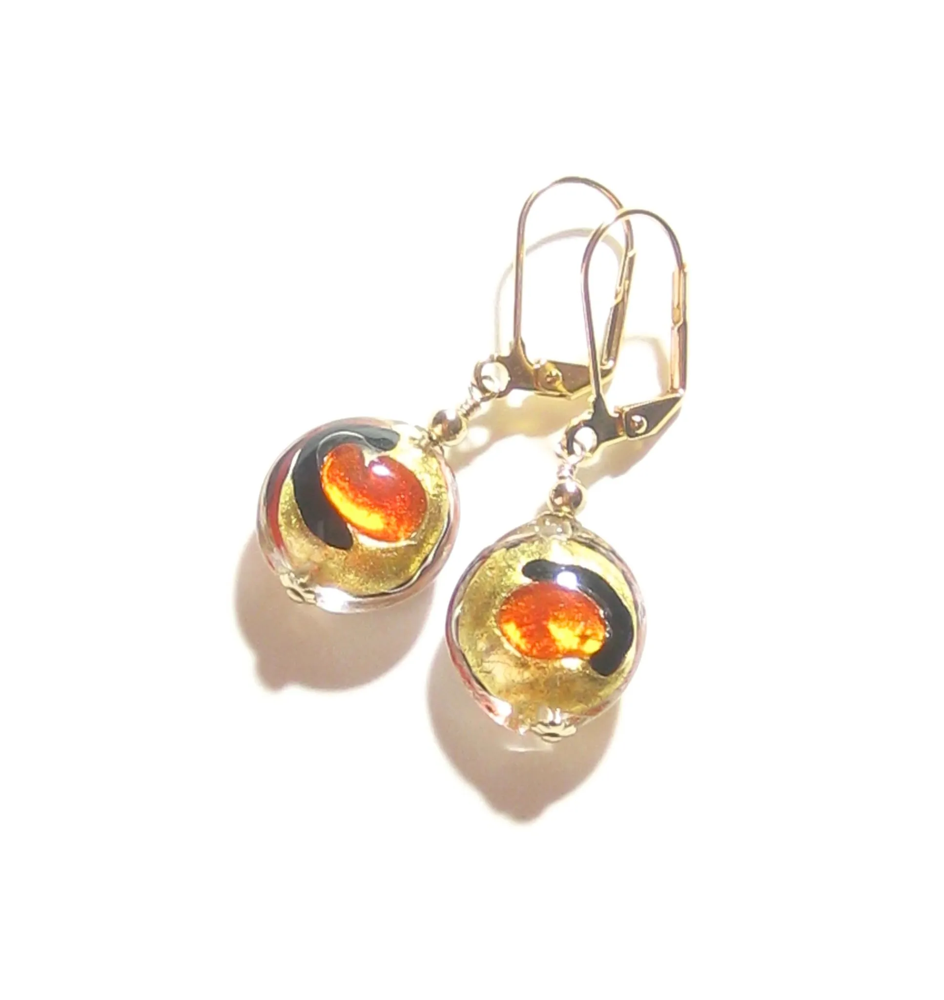Murano Glass Orange Dot Black Gold Earrings, Leverback Earrings