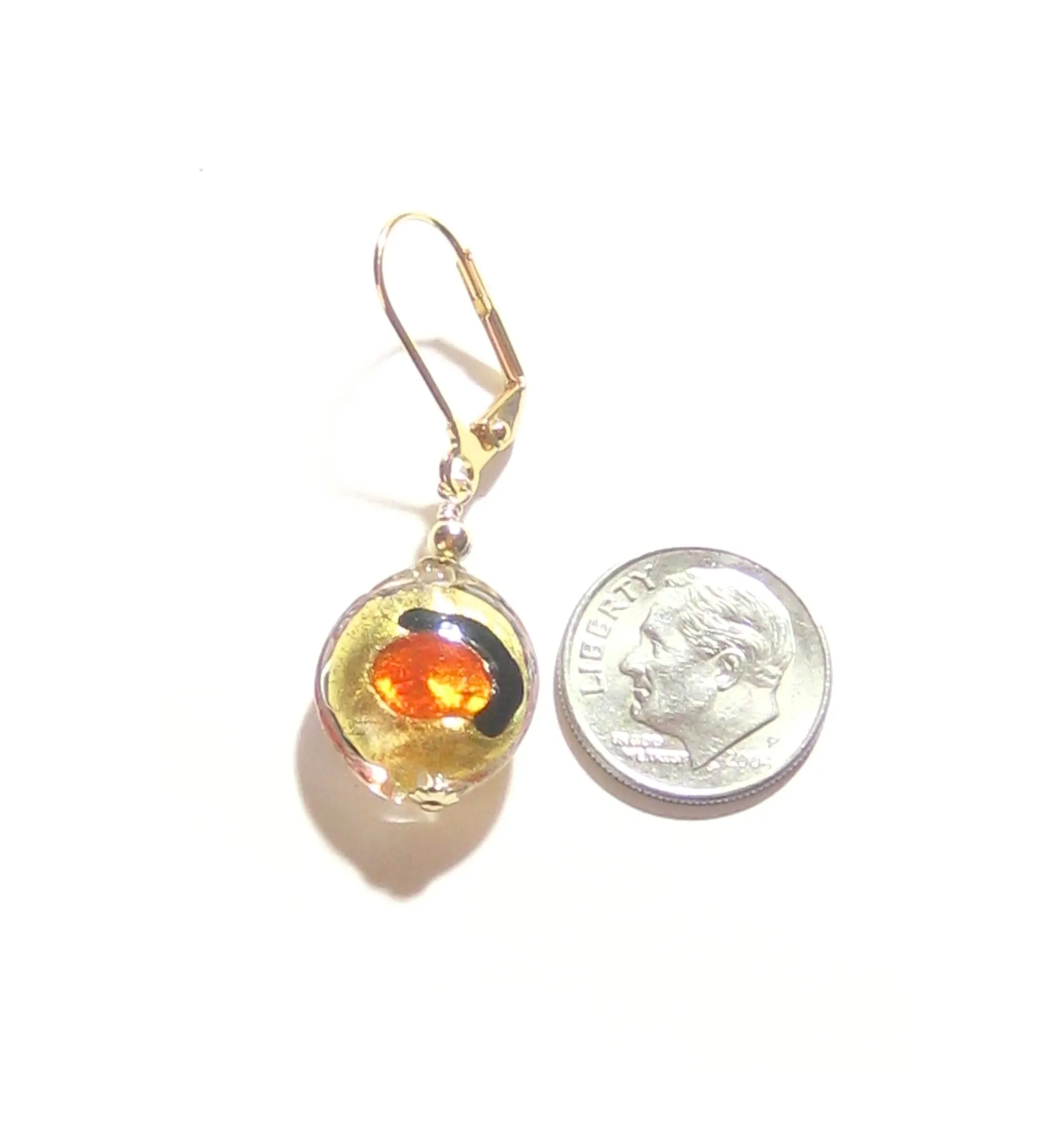 Murano Glass Orange Dot Black Gold Earrings, Leverback Earrings