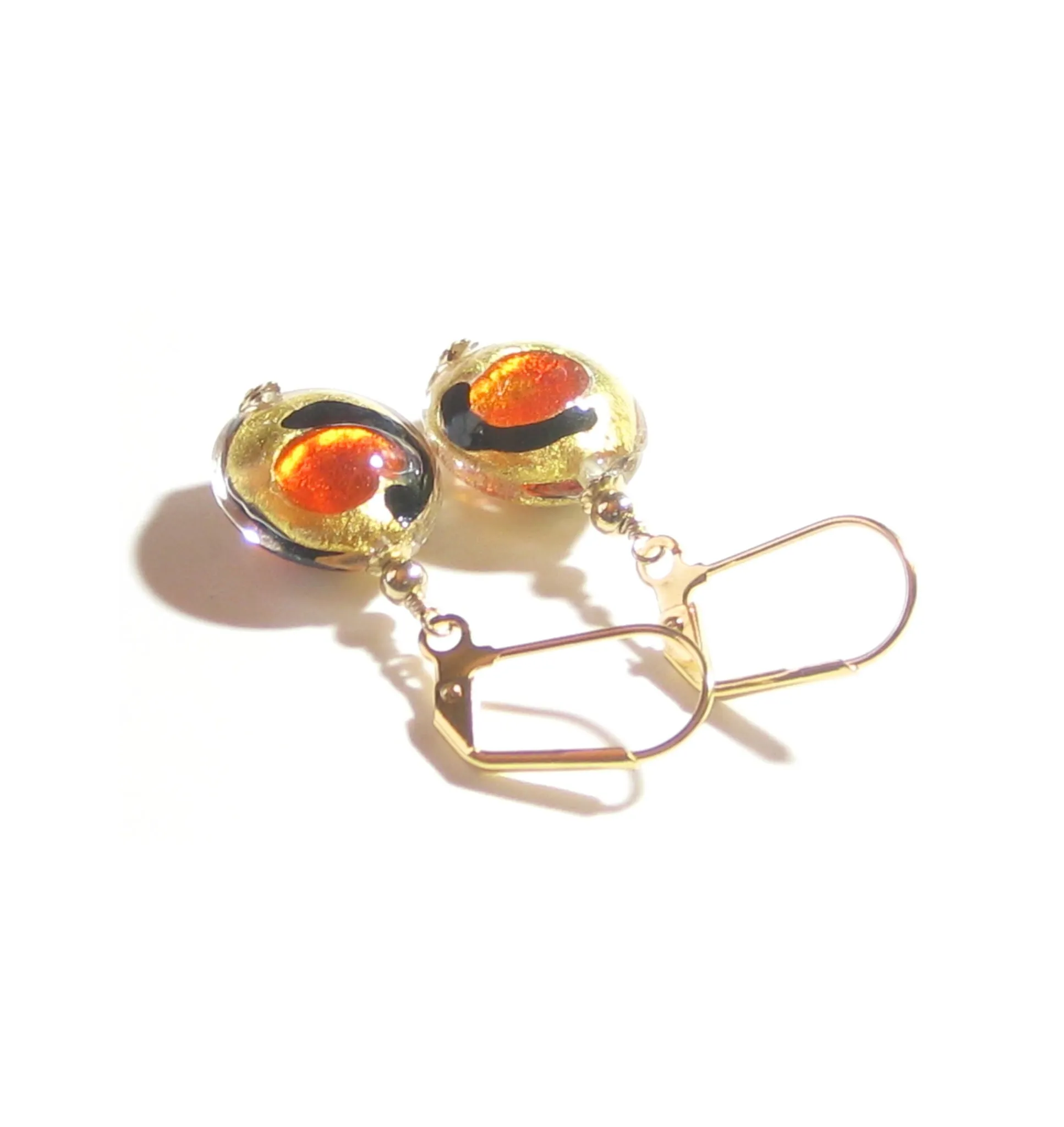 Murano Glass Orange Dot Black Gold Earrings, Leverback Earrings
