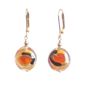 Murano Glass Orange Dot Black Gold Earrings, Leverback Earrings