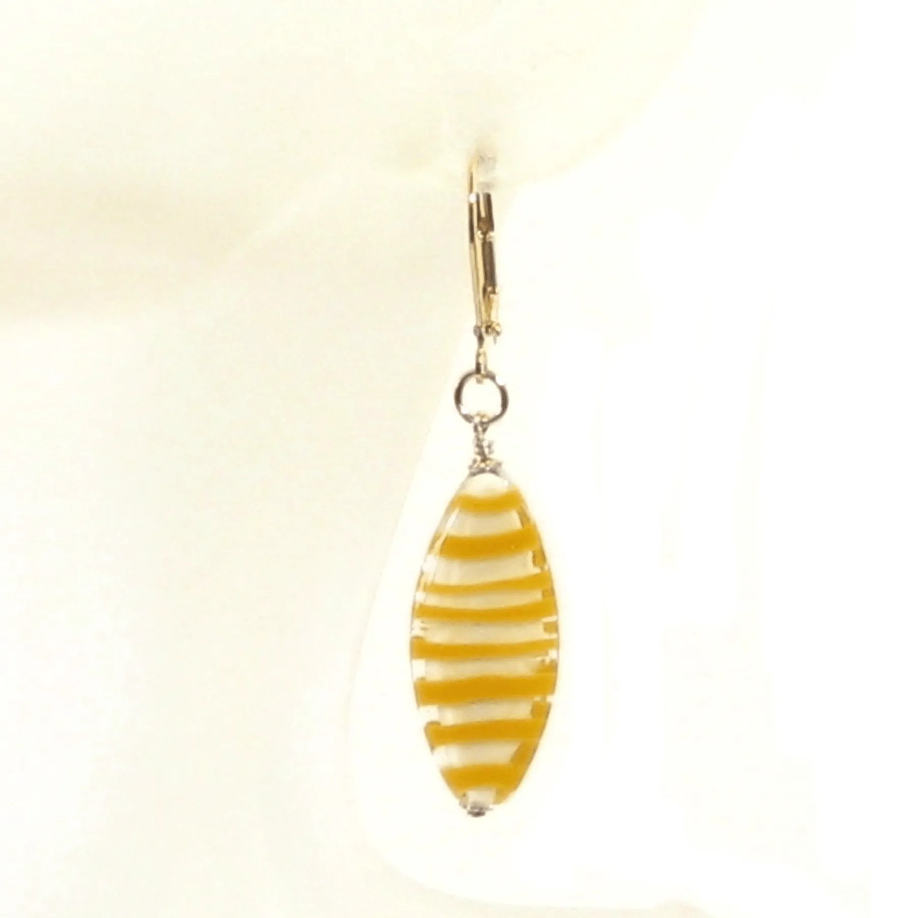 Murano Glass Orange Stripe Oval Gold Earrings, Silver Earrings