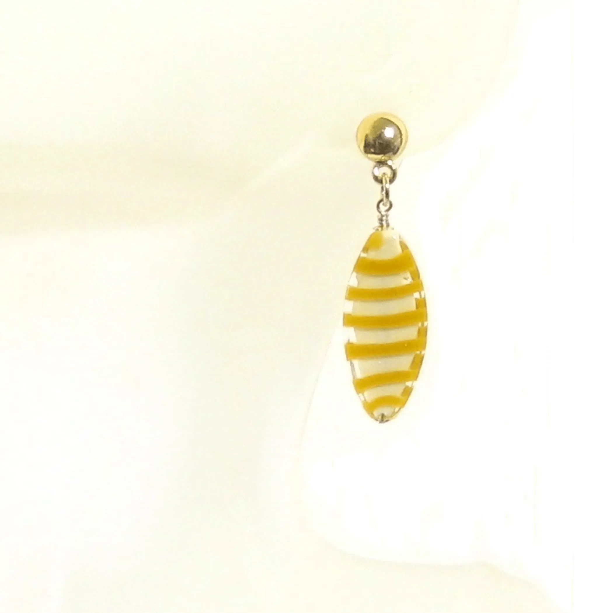 Murano Glass Orange Stripe Oval Gold Earrings, Silver Earrings