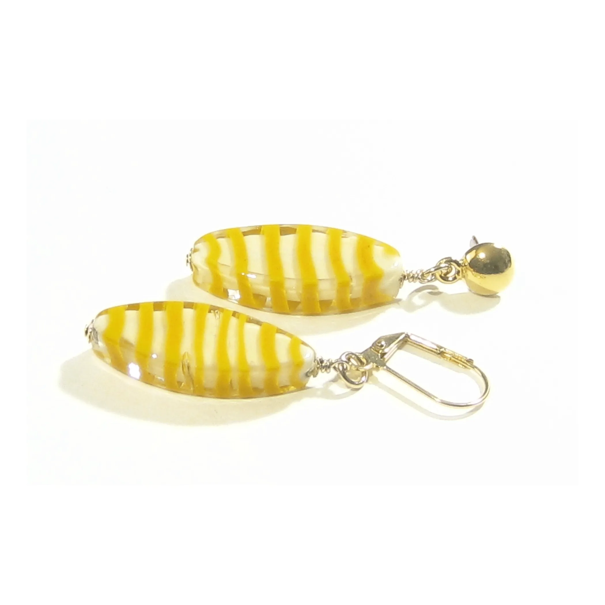 Murano Glass Orange Stripe Oval Gold Earrings, Silver Earrings