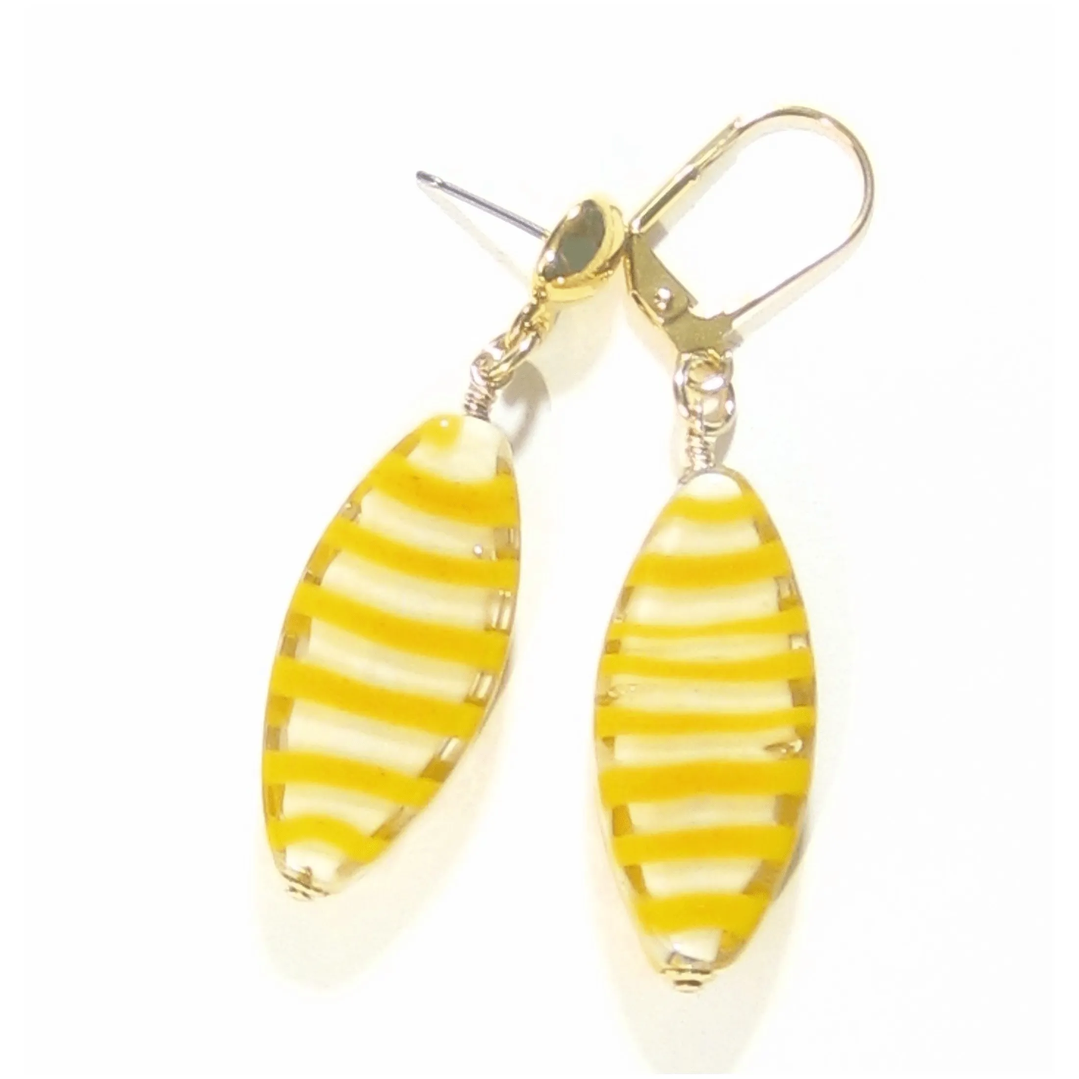 Murano Glass Orange Stripe Oval Gold Earrings, Silver Earrings