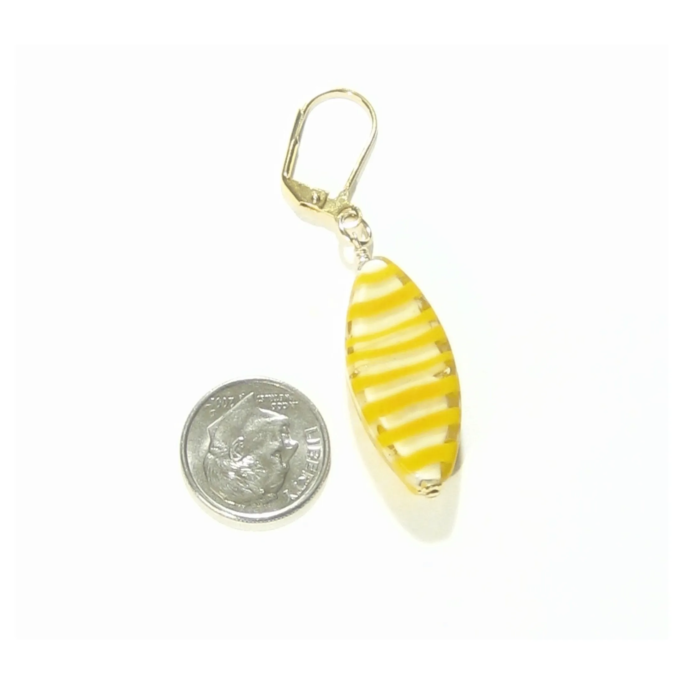 Murano Glass Orange Stripe Oval Gold Earrings, Silver Earrings