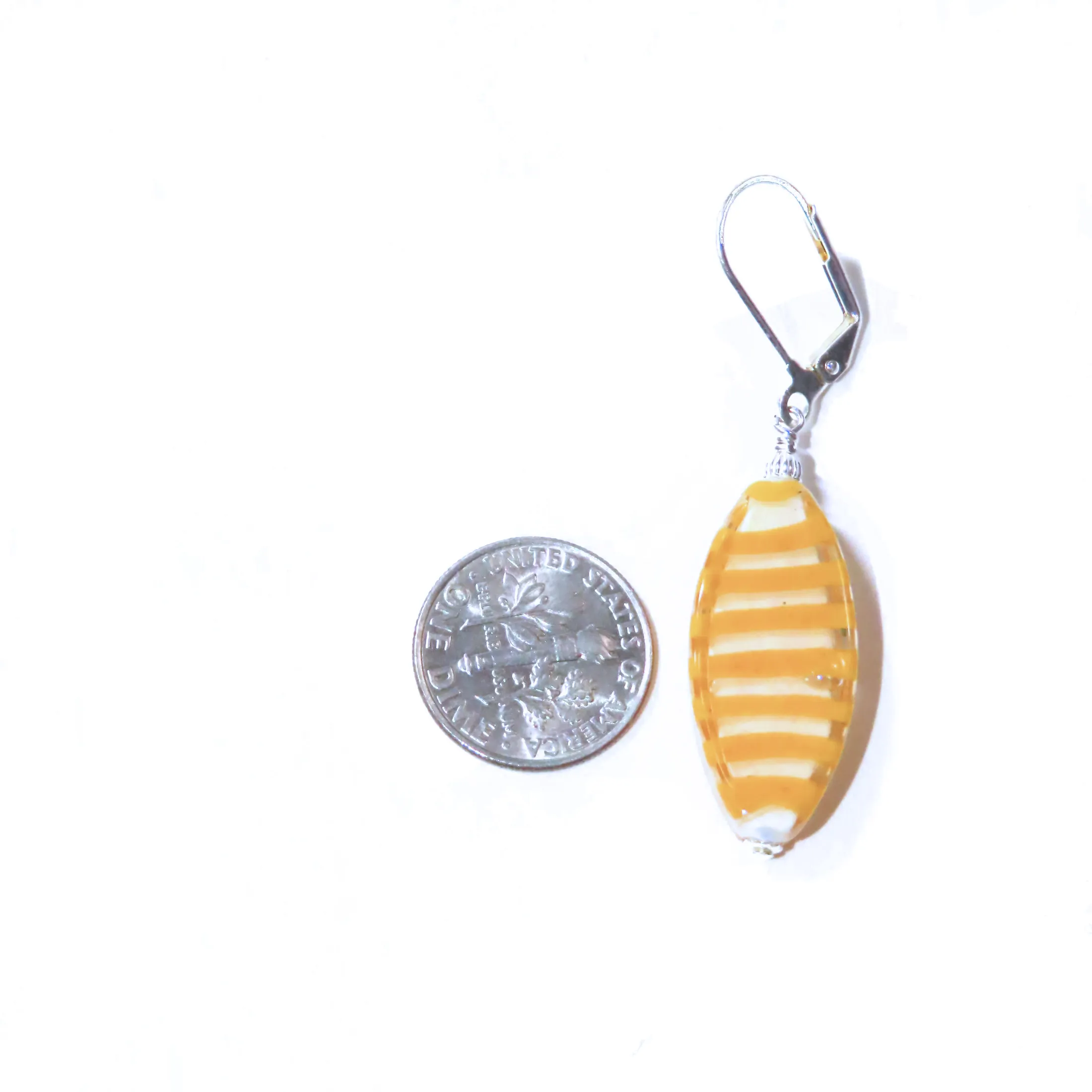 Murano Glass Orange Striped Oval Silver Earrings