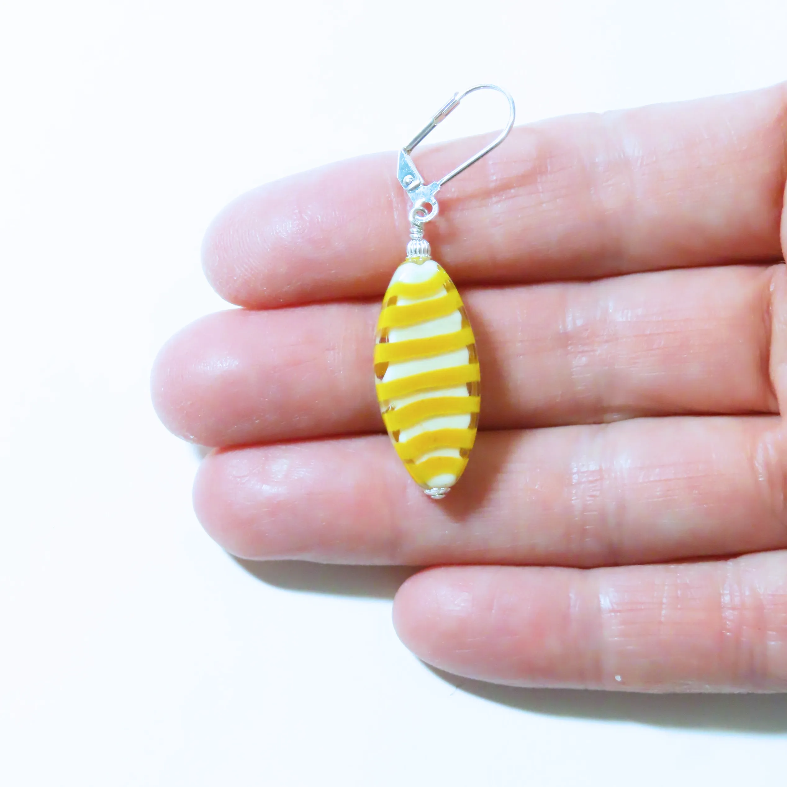 Murano Glass Orange Striped Oval Silver Earrings
