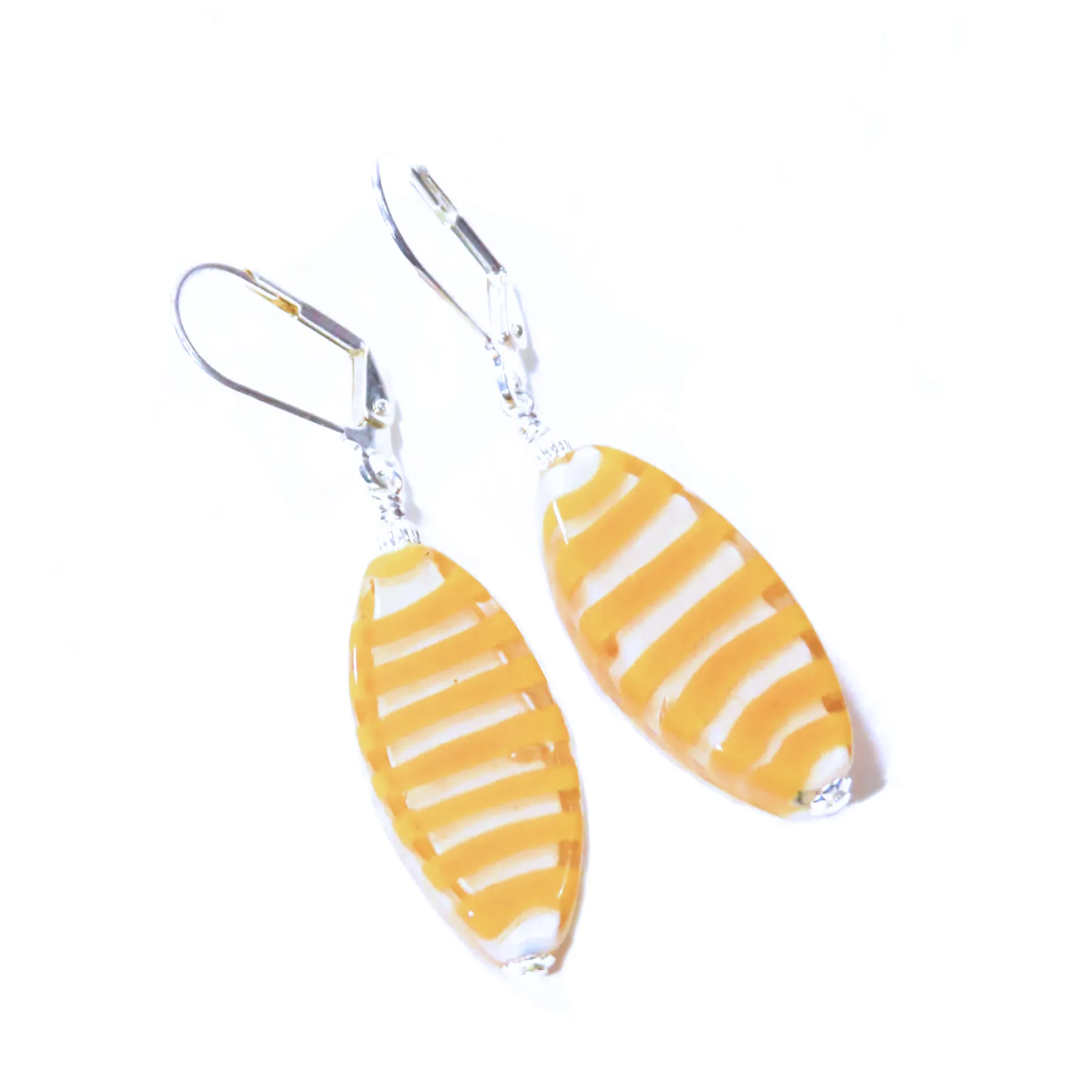 Murano Glass Orange Striped Oval Silver Earrings