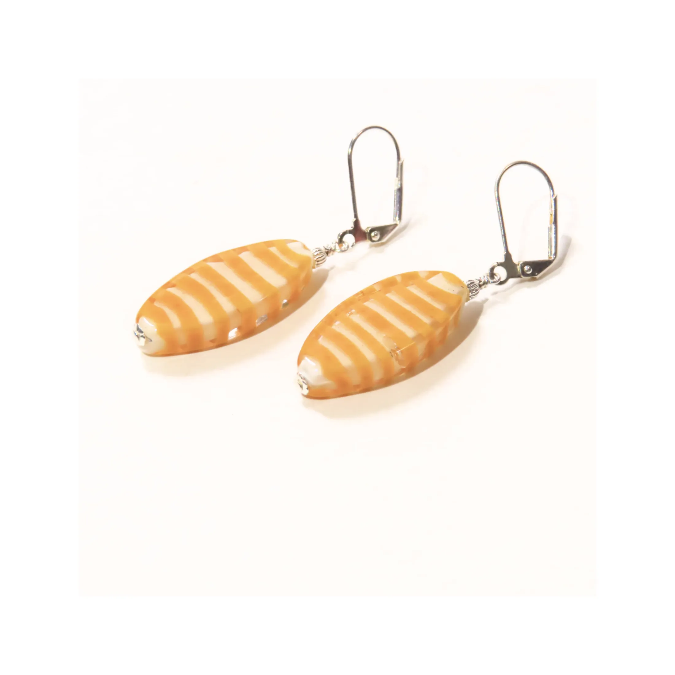 Murano Glass Orange Striped Oval Silver Earrings