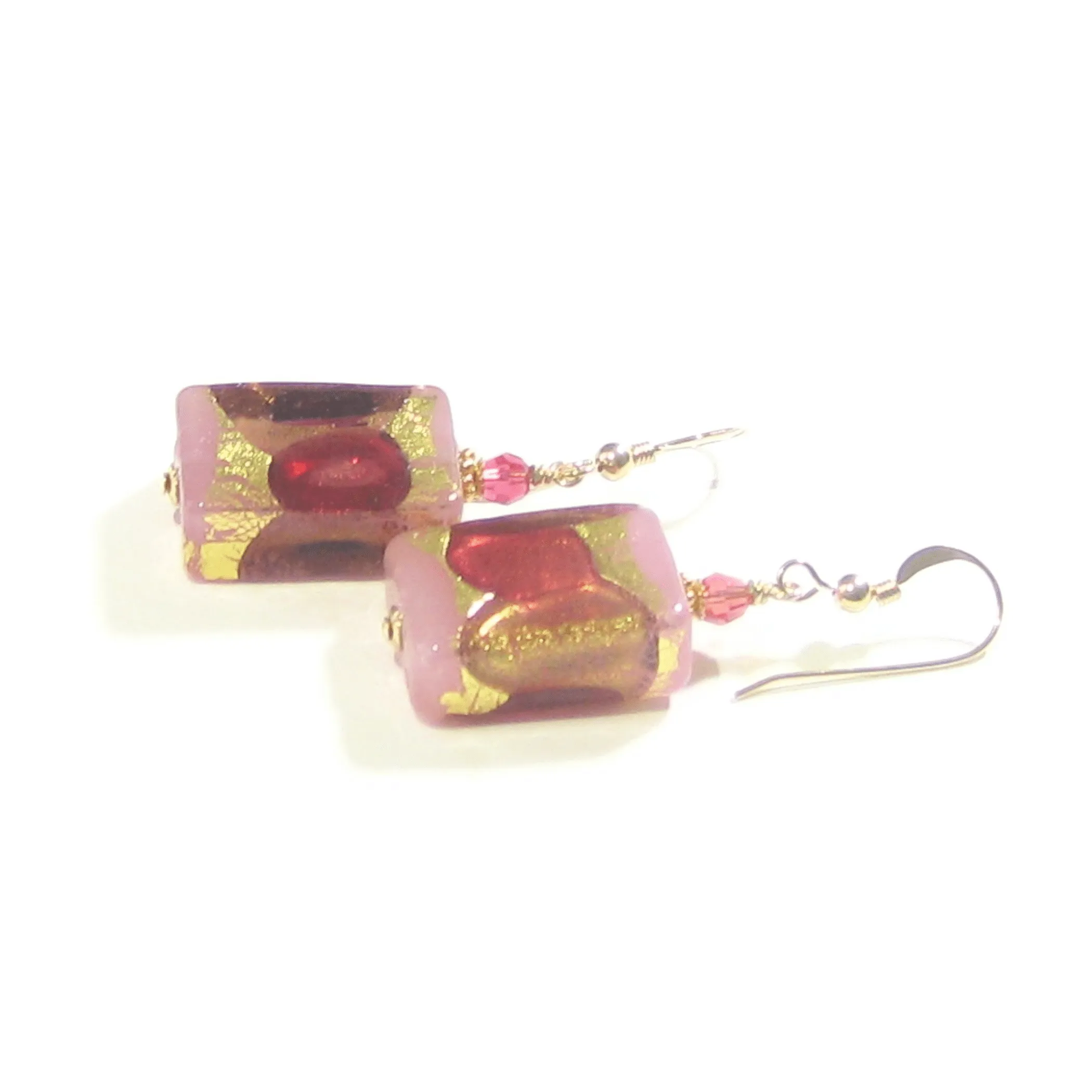 Murano Glass Pink Purple Rectangle Gold Earrings