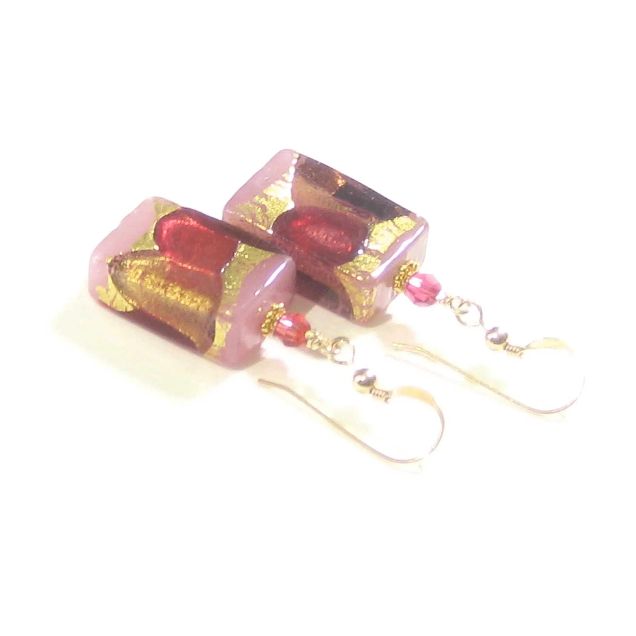 Murano Glass Pink Purple Rectangle Gold Earrings