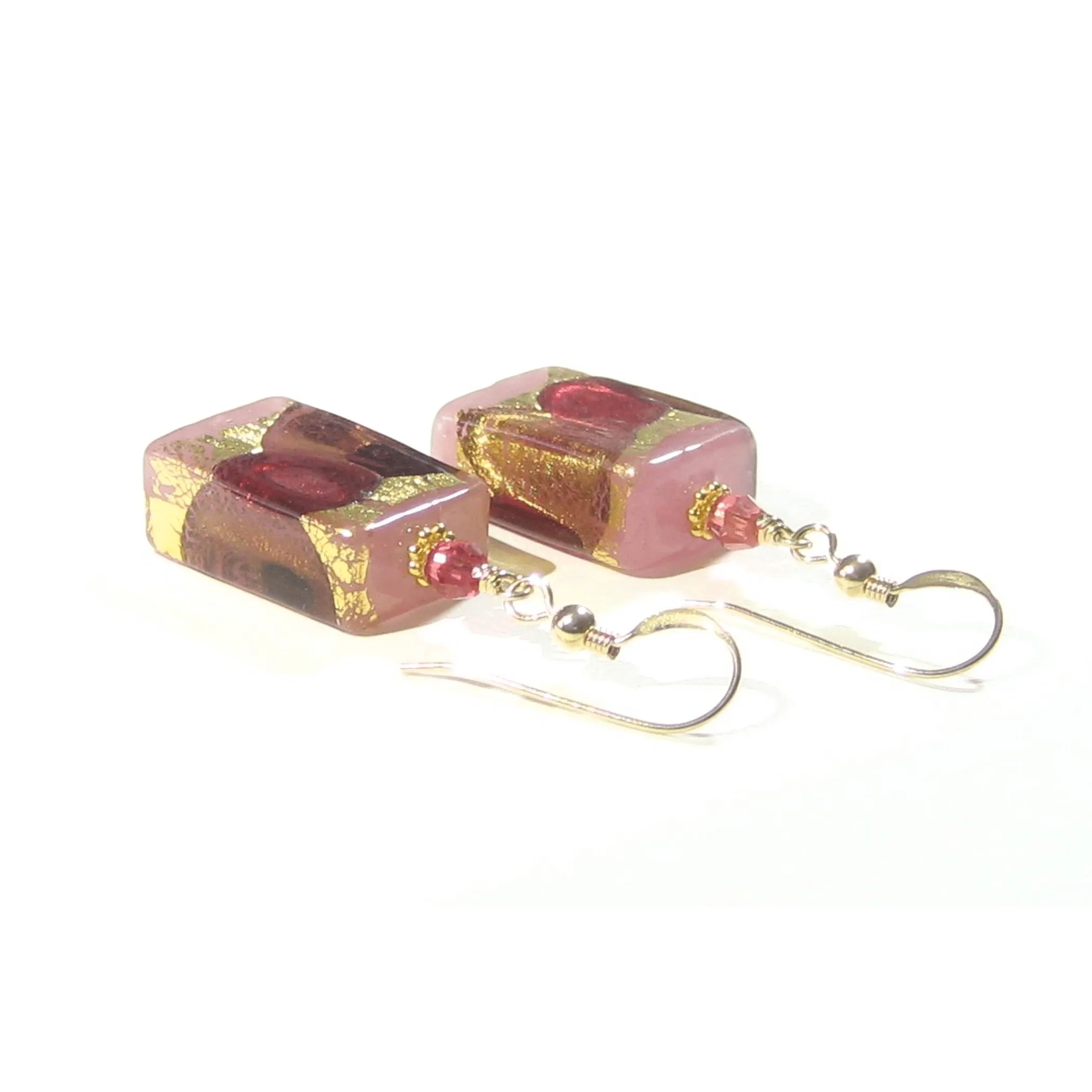 Murano Glass Pink Purple Rectangle Gold Earrings