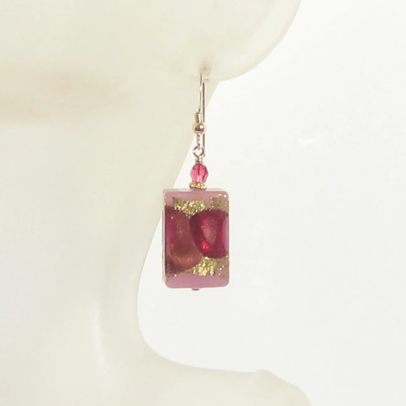 Murano Glass Pink Purple Rectangle Gold Earrings