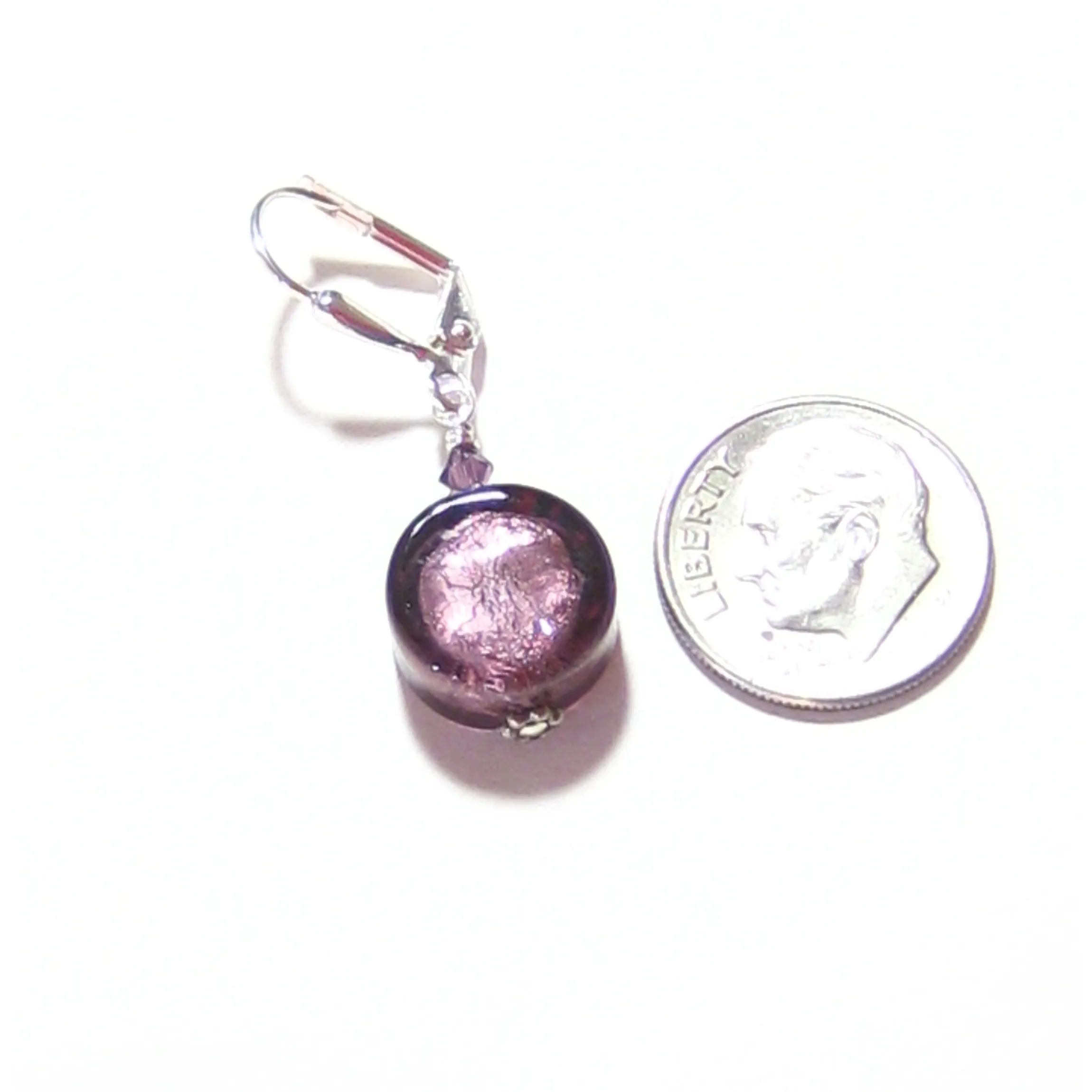 Murano Glass Purple Coin Silver Earrings with leverback earrings