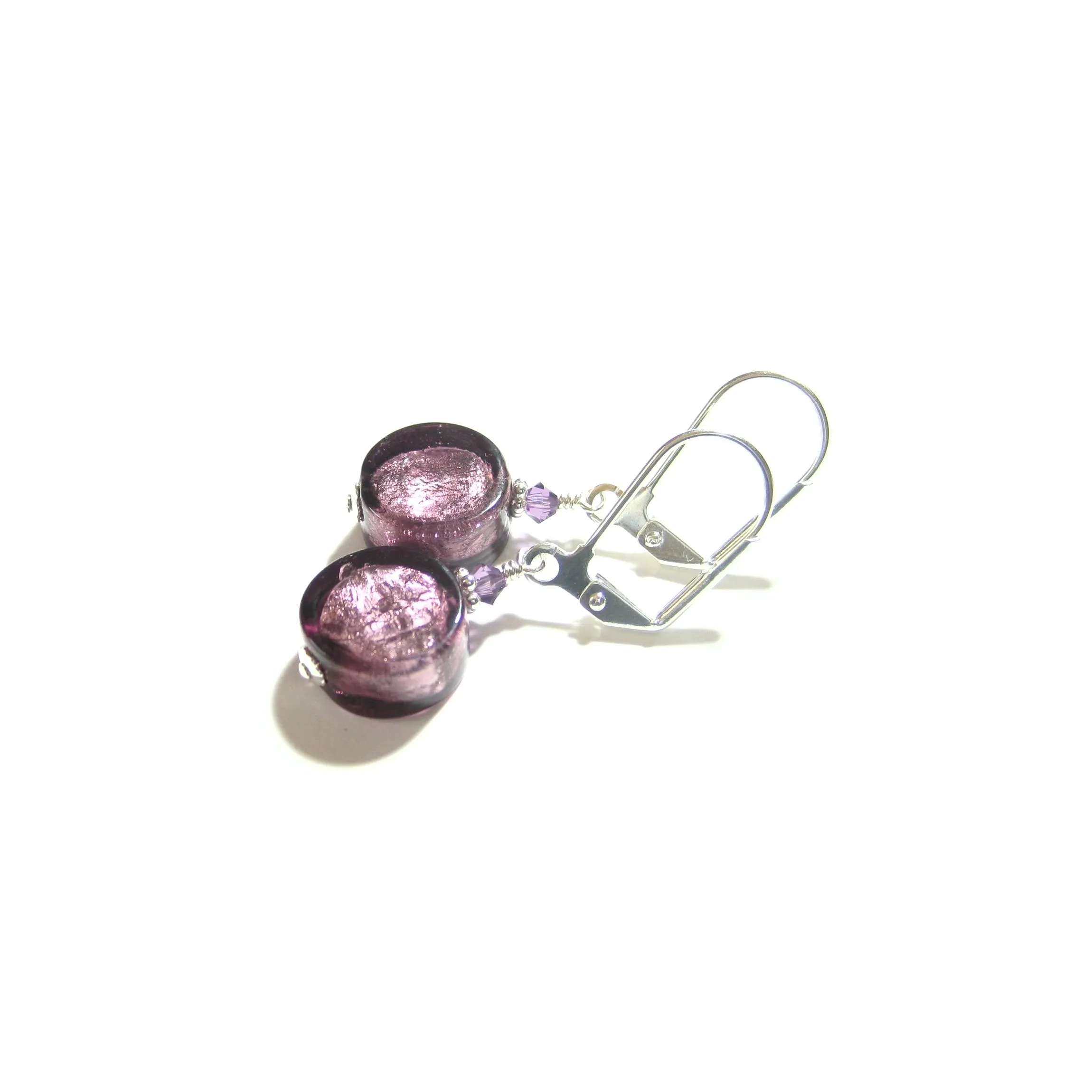 Murano Glass Purple Coin Silver Earrings with leverback earrings