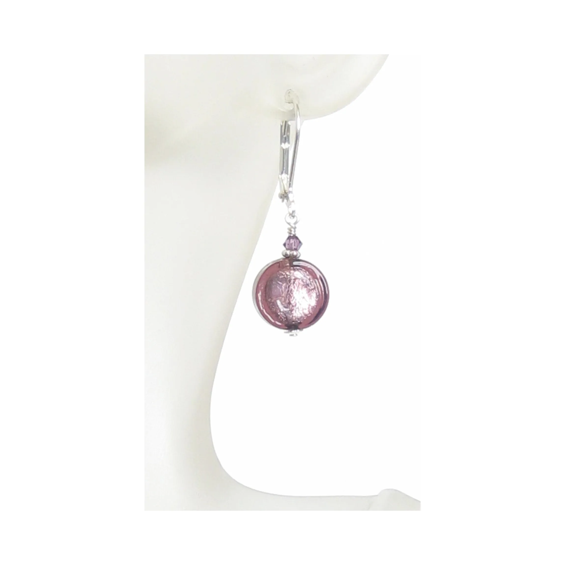 Murano Glass Purple Coin Silver Earrings with leverback earrings