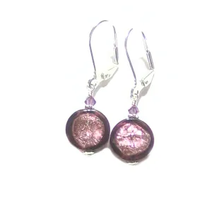 Murano Glass Purple Coin Silver Earrings with leverback earrings