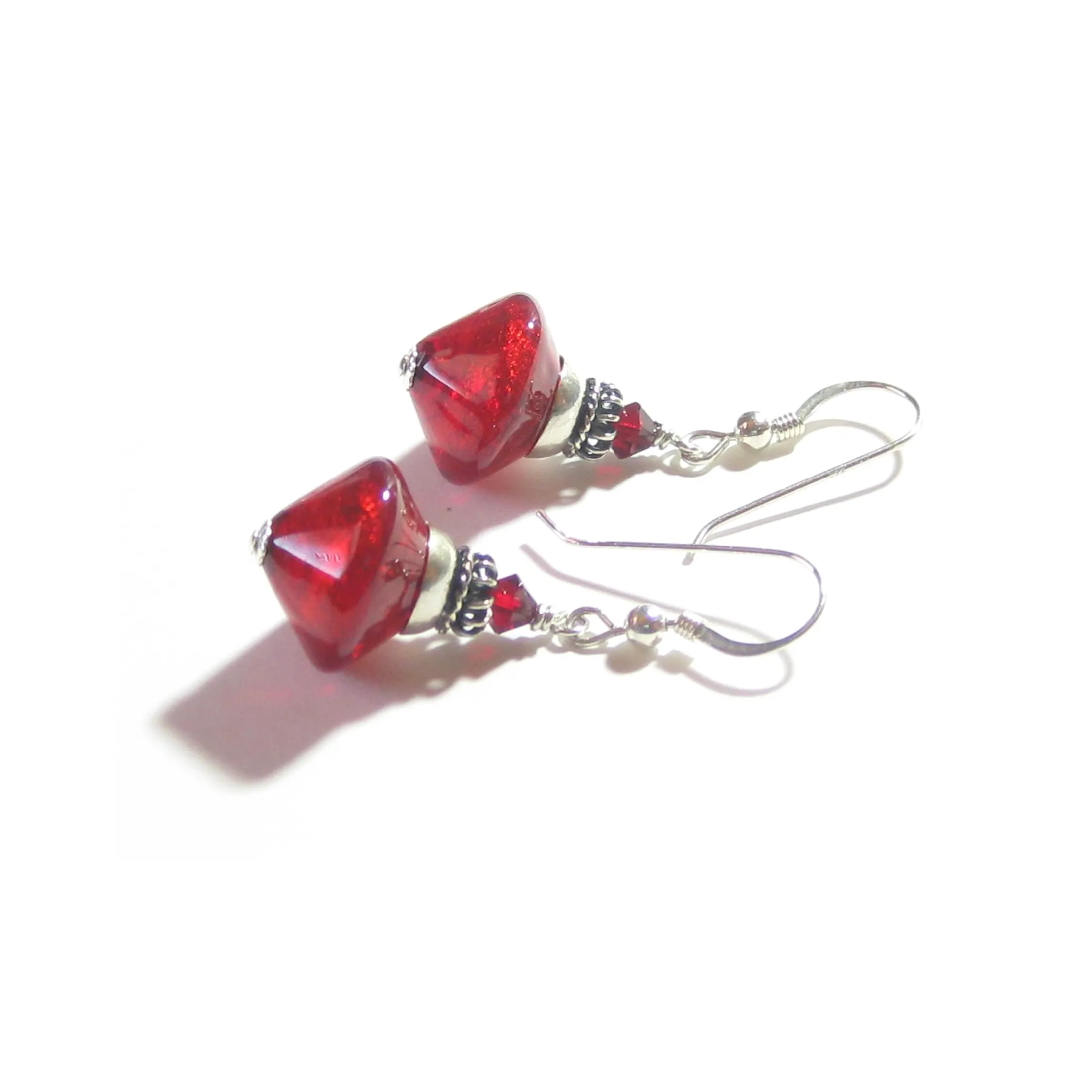 Murano Glass Red Bicone Sterling Silver Earrings, Venetian Jewelry