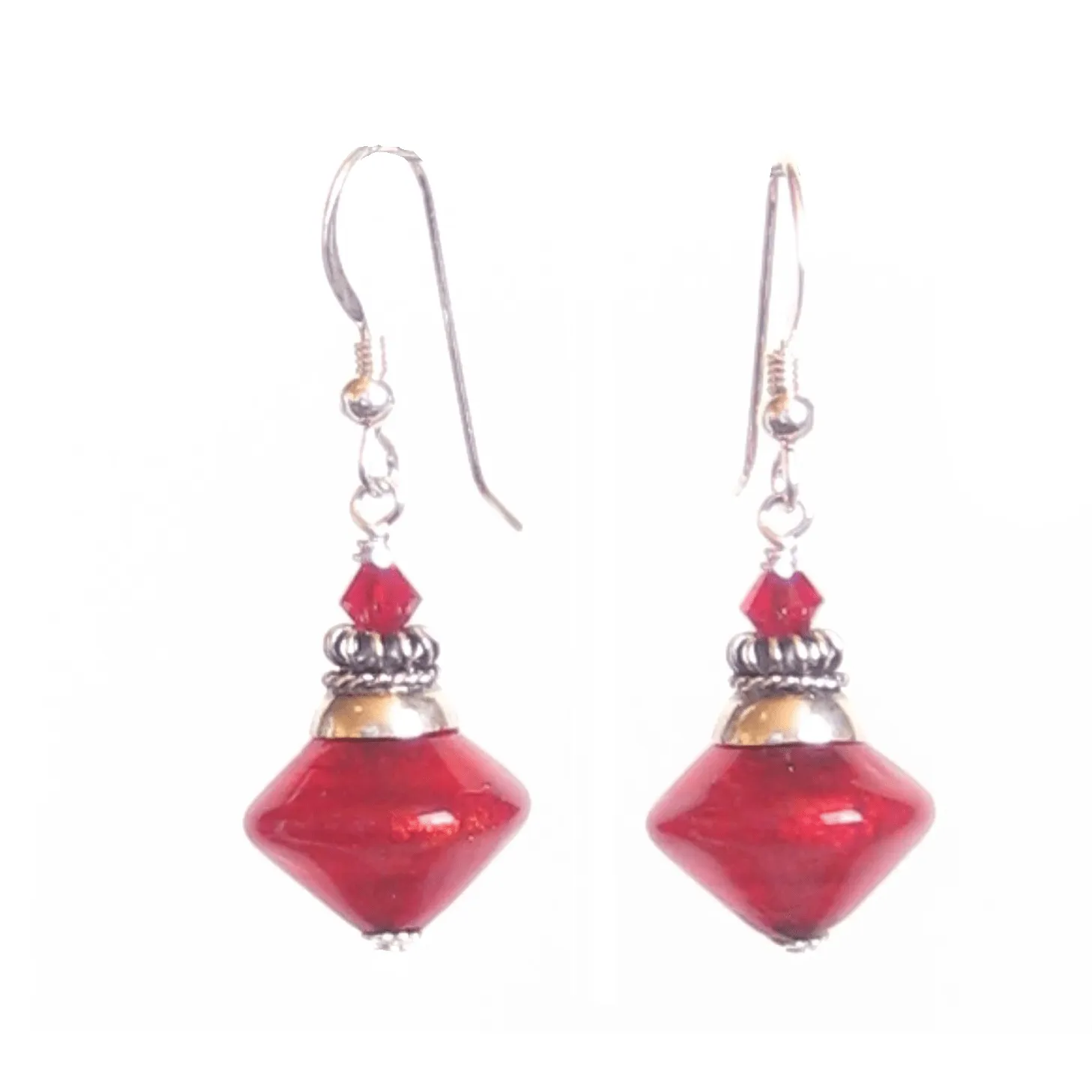 Murano Glass Red Bicone Sterling Silver Earrings, Venetian Jewelry