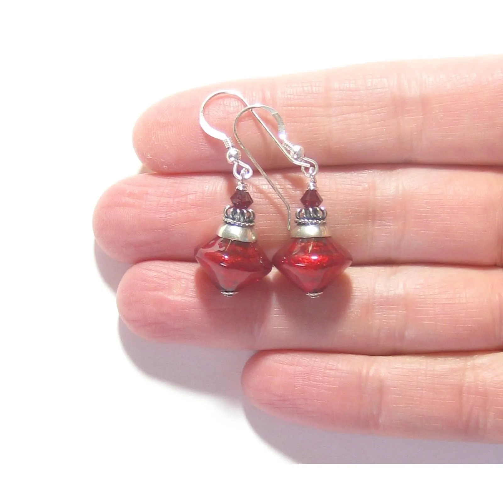 Murano Glass Red Bicone Sterling Silver Earrings, Venetian Jewelry