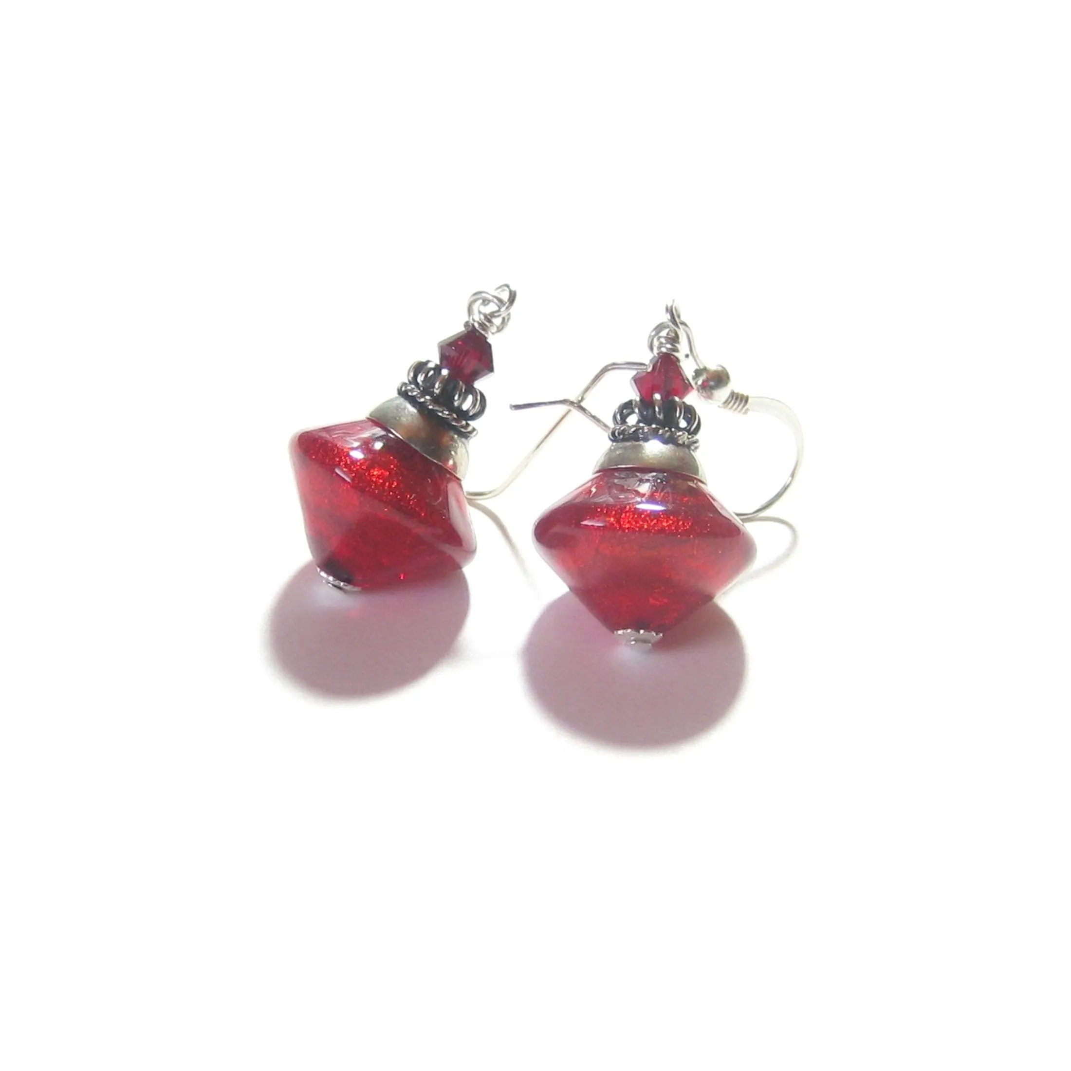 Murano Glass Red Bicone Sterling Silver Earrings, Venetian Jewelry
