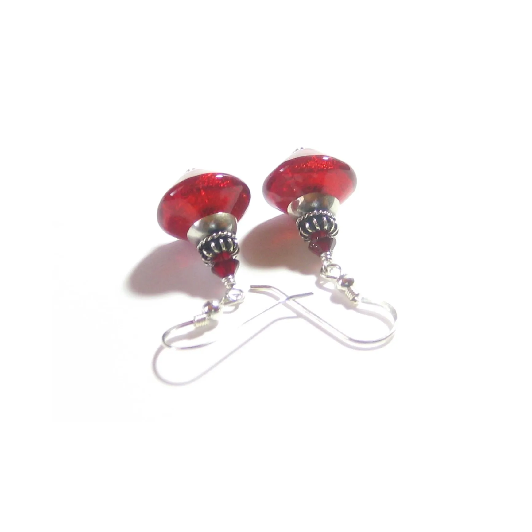 Murano Glass Red Bicone Sterling Silver Earrings, Venetian Jewelry