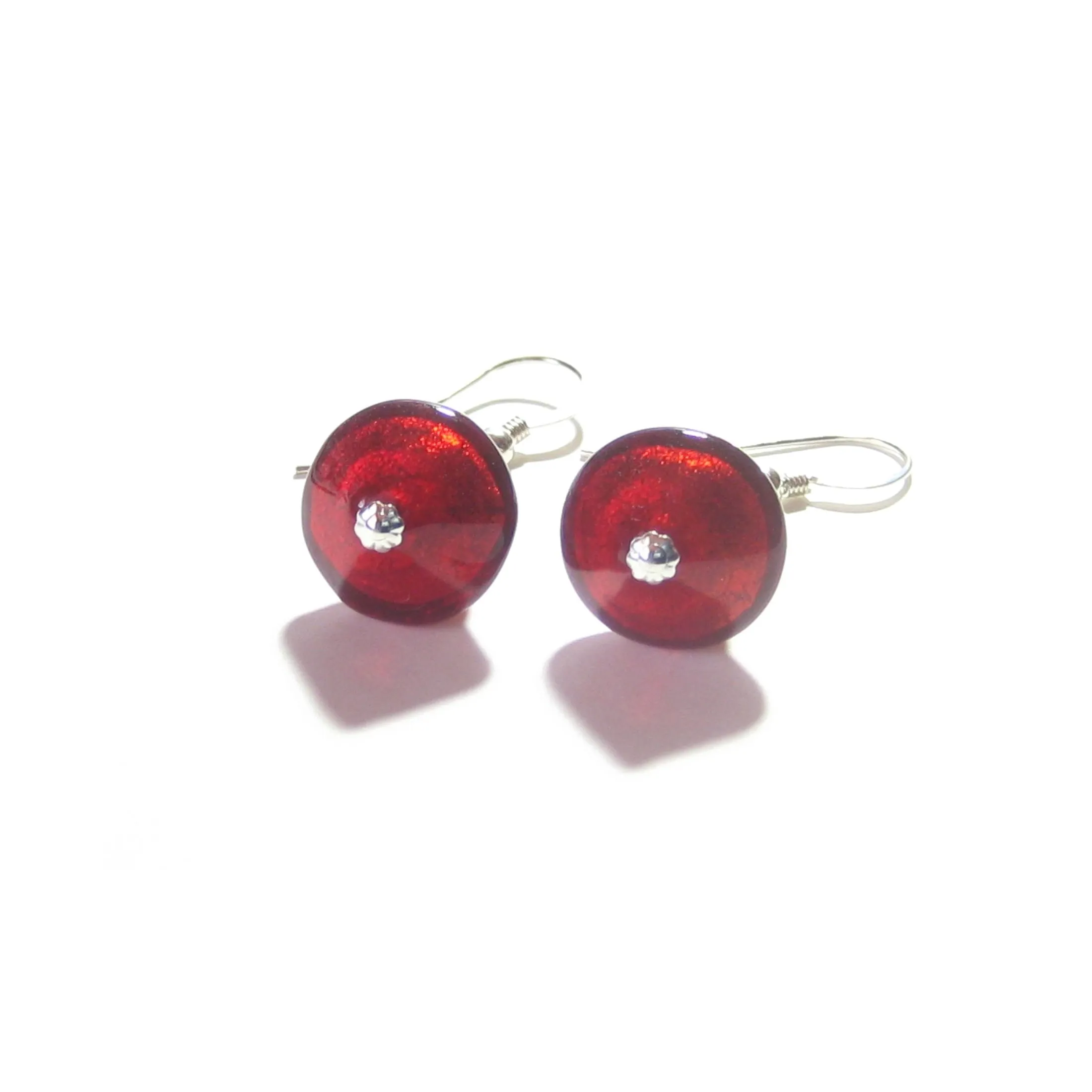 Murano Glass Red Bicone Sterling Silver Earrings, Venetian Jewelry