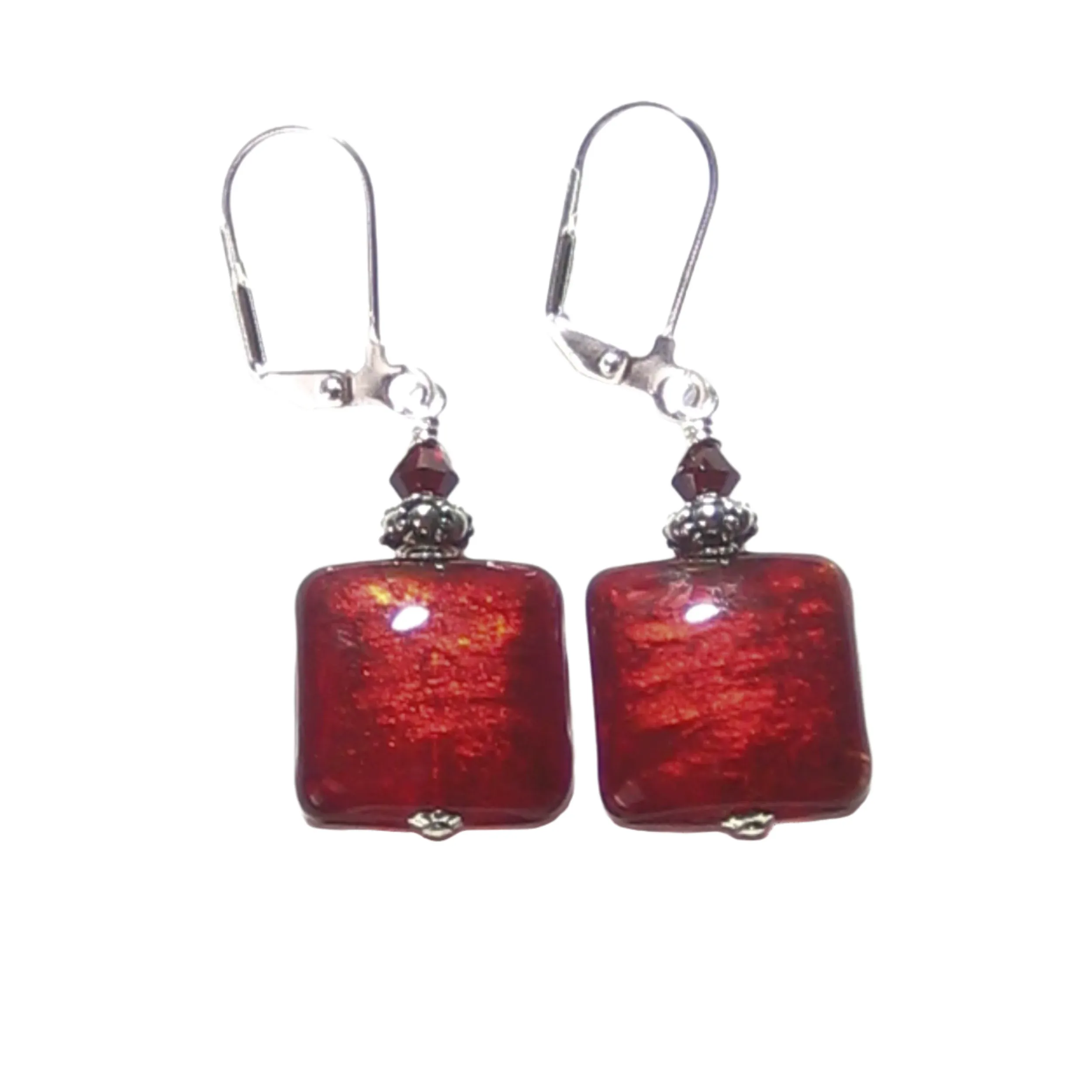 Murano Glass Red Square Sterling Silver Earrings, Venetian Jewelry