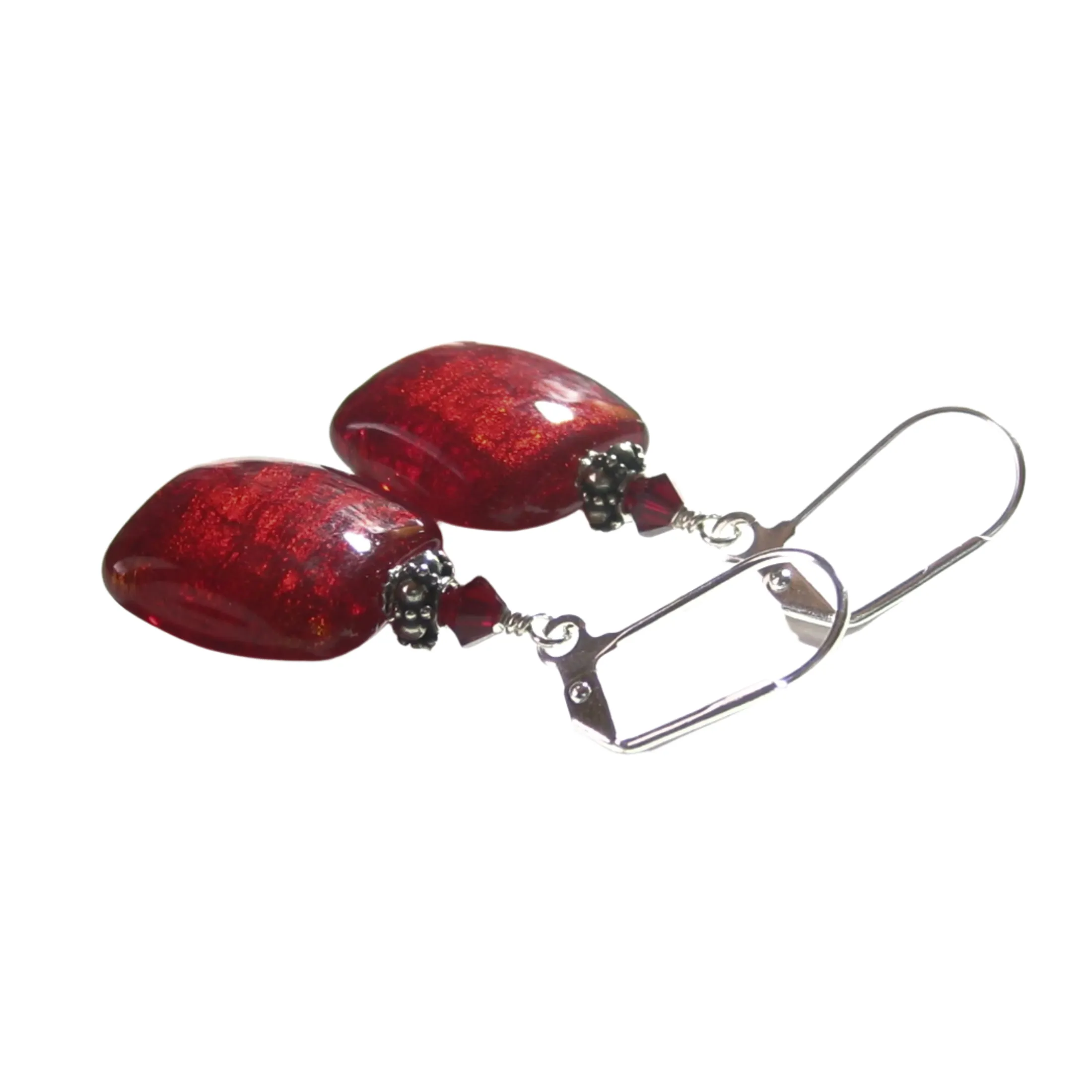 Murano Glass Red Square Sterling Silver Earrings, Venetian Jewelry