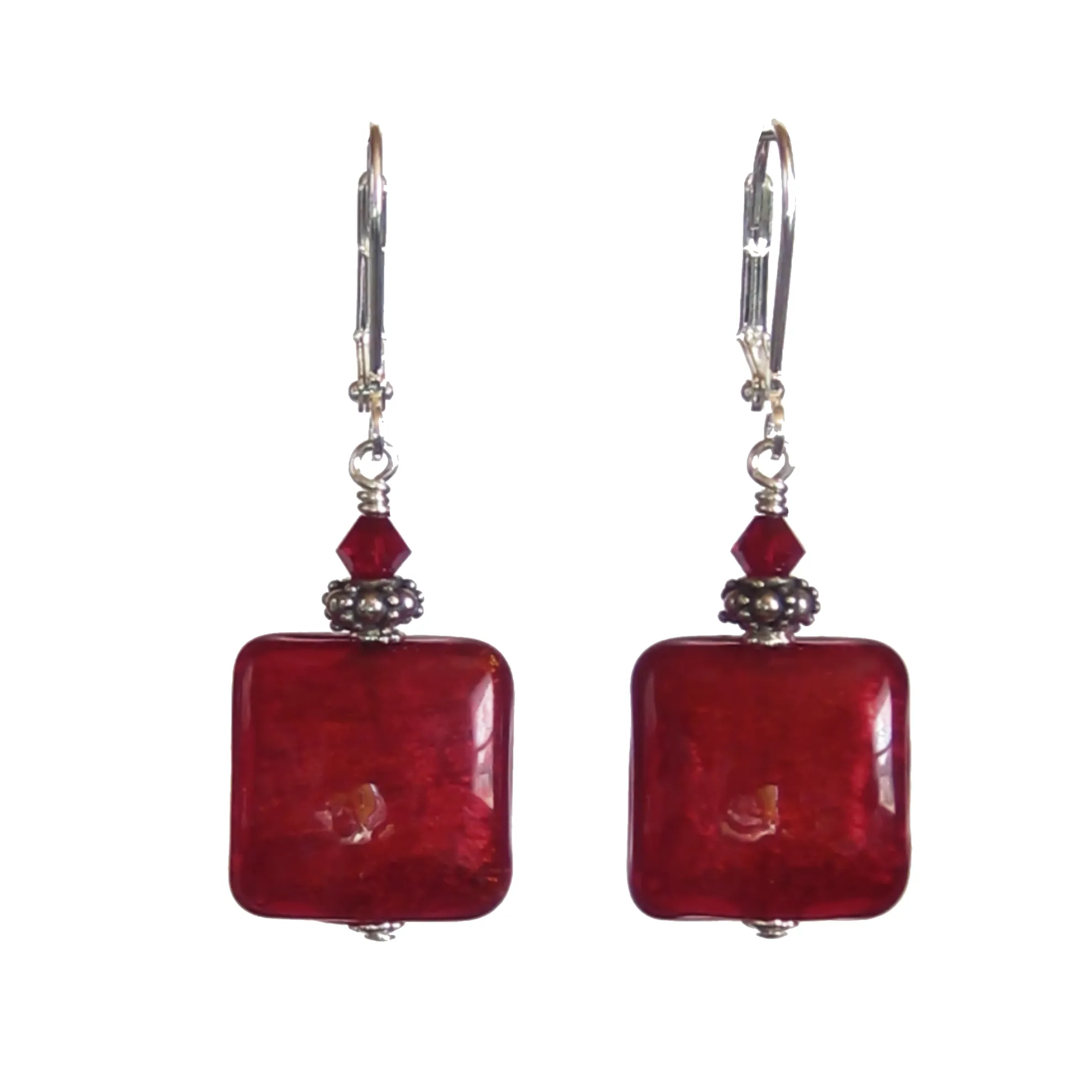 Murano Glass Red Square Sterling Silver Earrings, Venetian Jewelry