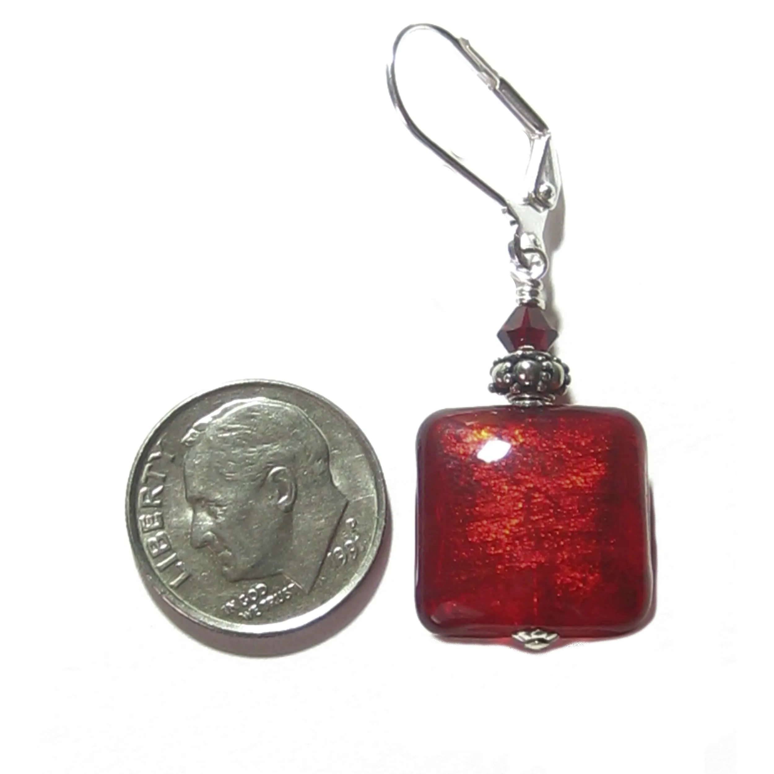 Murano Glass Red Square Sterling Silver Earrings, Venetian Jewelry