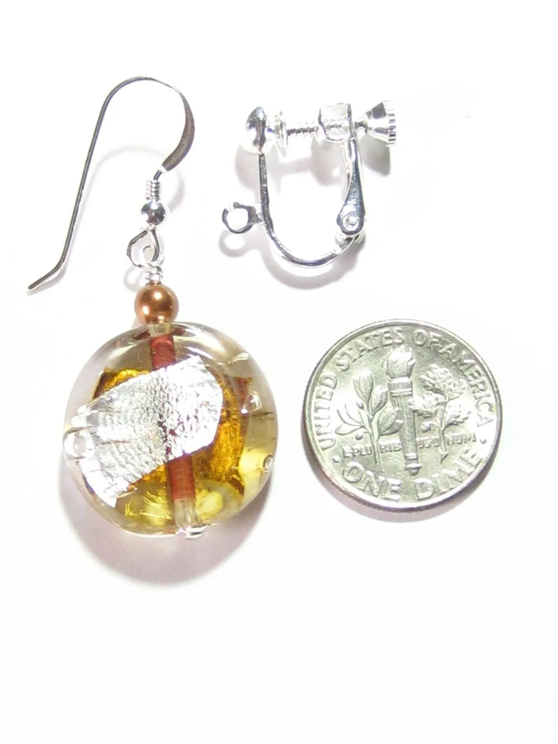 Murano Glass Topaz Disc Silver Earrings, Venetian Glass Custom Made Jewelry