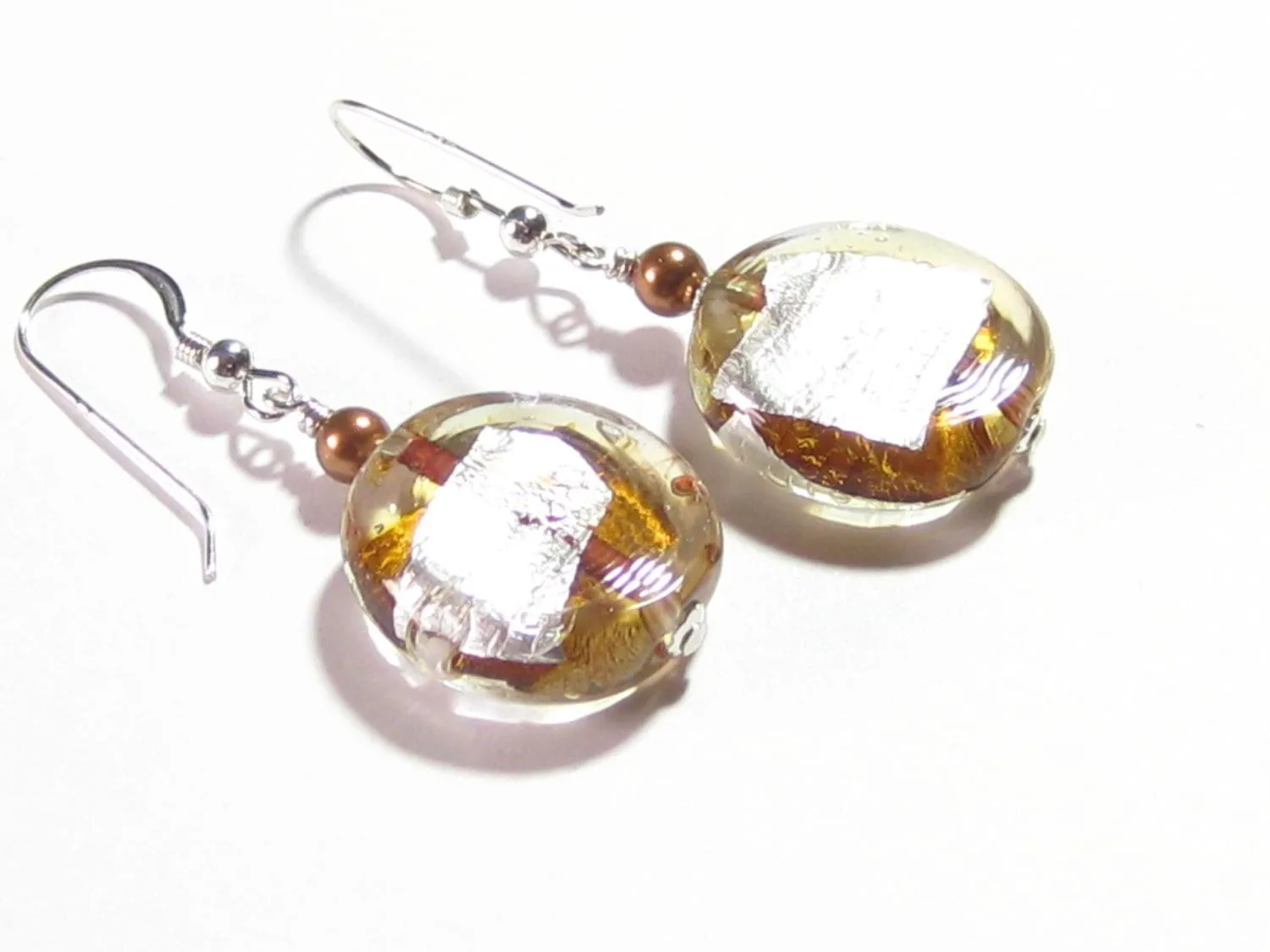 Murano Glass Topaz Disc Silver Earrings, Venetian Glass Custom Made Jewelry