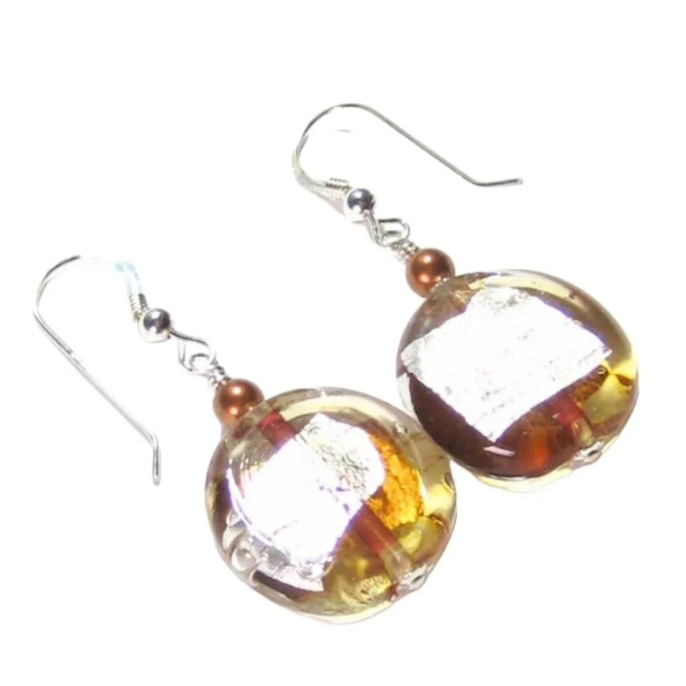 Murano Glass Topaz Disc Silver Earrings, Venetian Glass Custom Made Jewelry